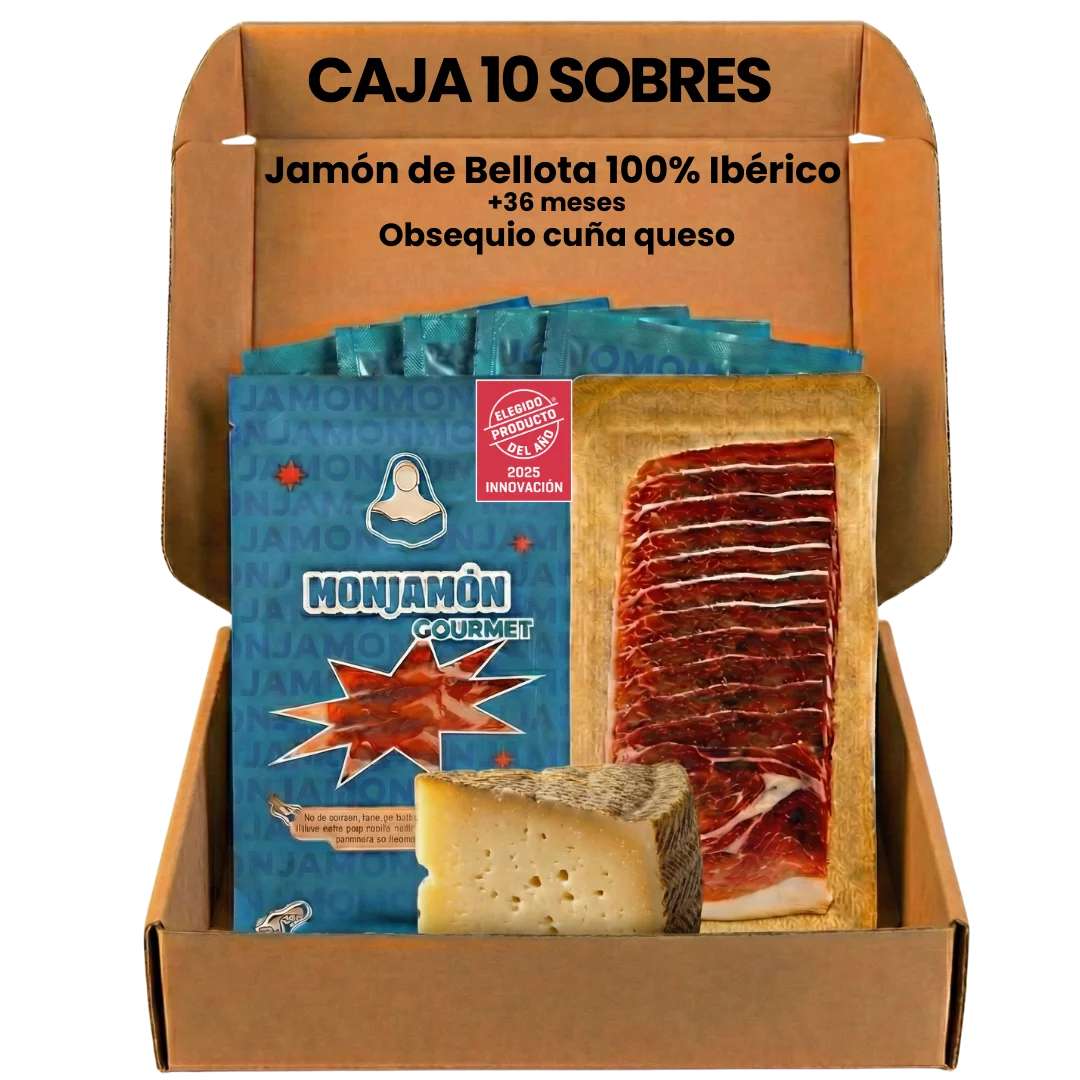 10 SOBRES DE JAMÓN DE BELLOTA 100% IBÉRICO +36 MESES PREMIUM+ QUESO Oveja Curado La Antigua REGALO - ELEGIDO PRODUCTO DEL AÑO 2025