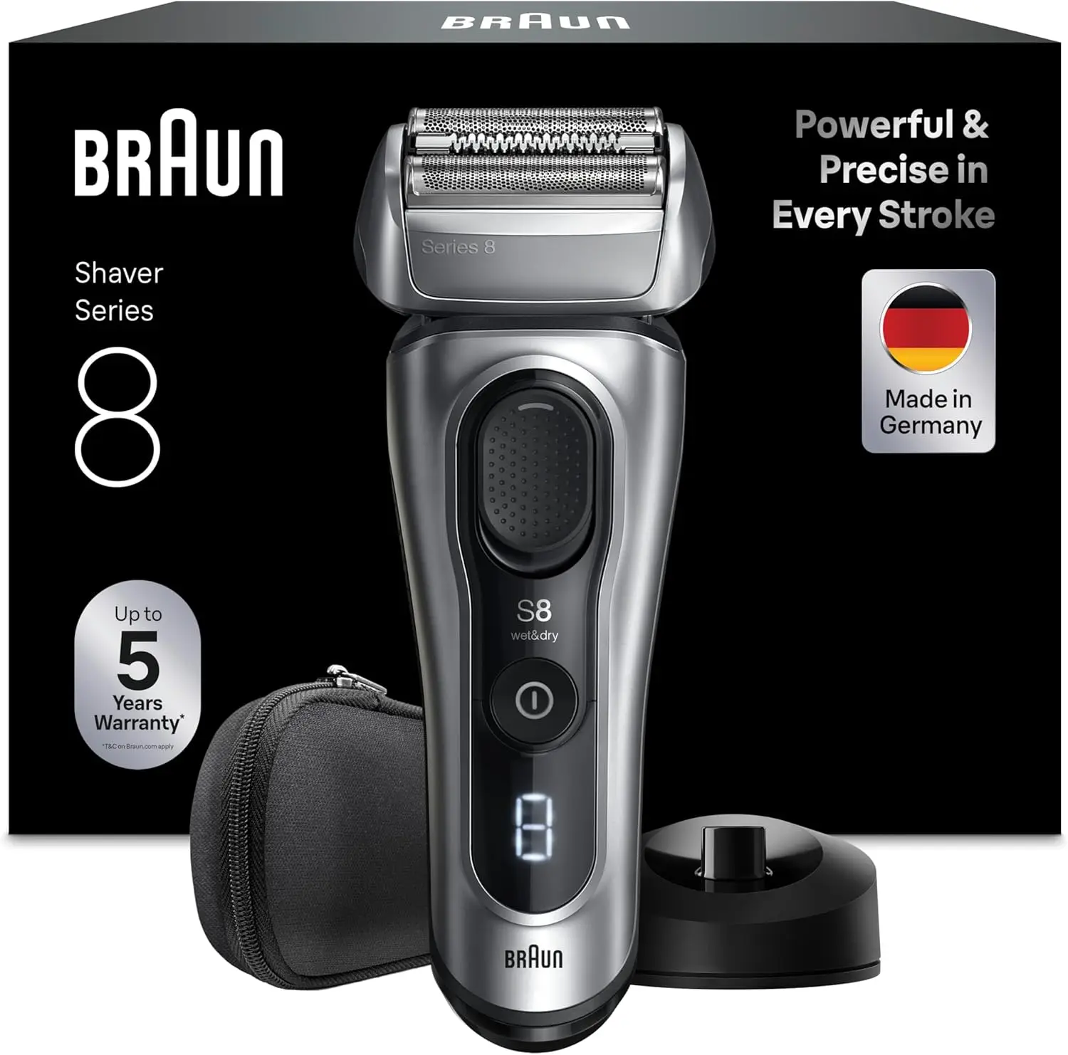 Braun Afeitadora Eléctrica Hombre Series 8, Máquina de Afeitar Barba en Seco y en Mojado con Cabezal de Precisión y Recortadora, 60 Min de Uso, Base de Carga y Estuche de Viaje, color Plata