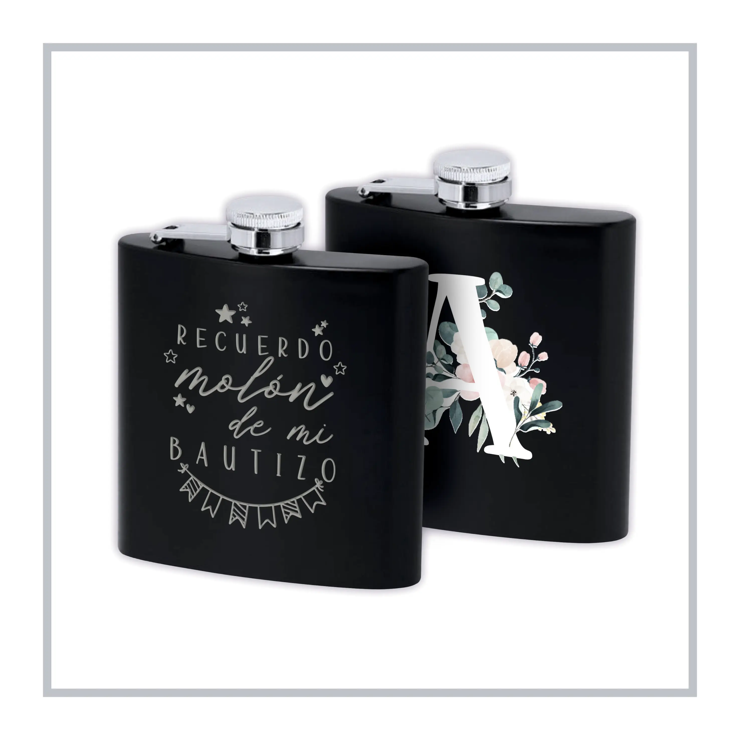 RegaloVip.es - Petaca Negra Acero Inoxidable, Estilo Elegante, Regalos para comuniones, para bautizos, para bodas, regalos originales y únicos, para el día del padre, para aventureros.