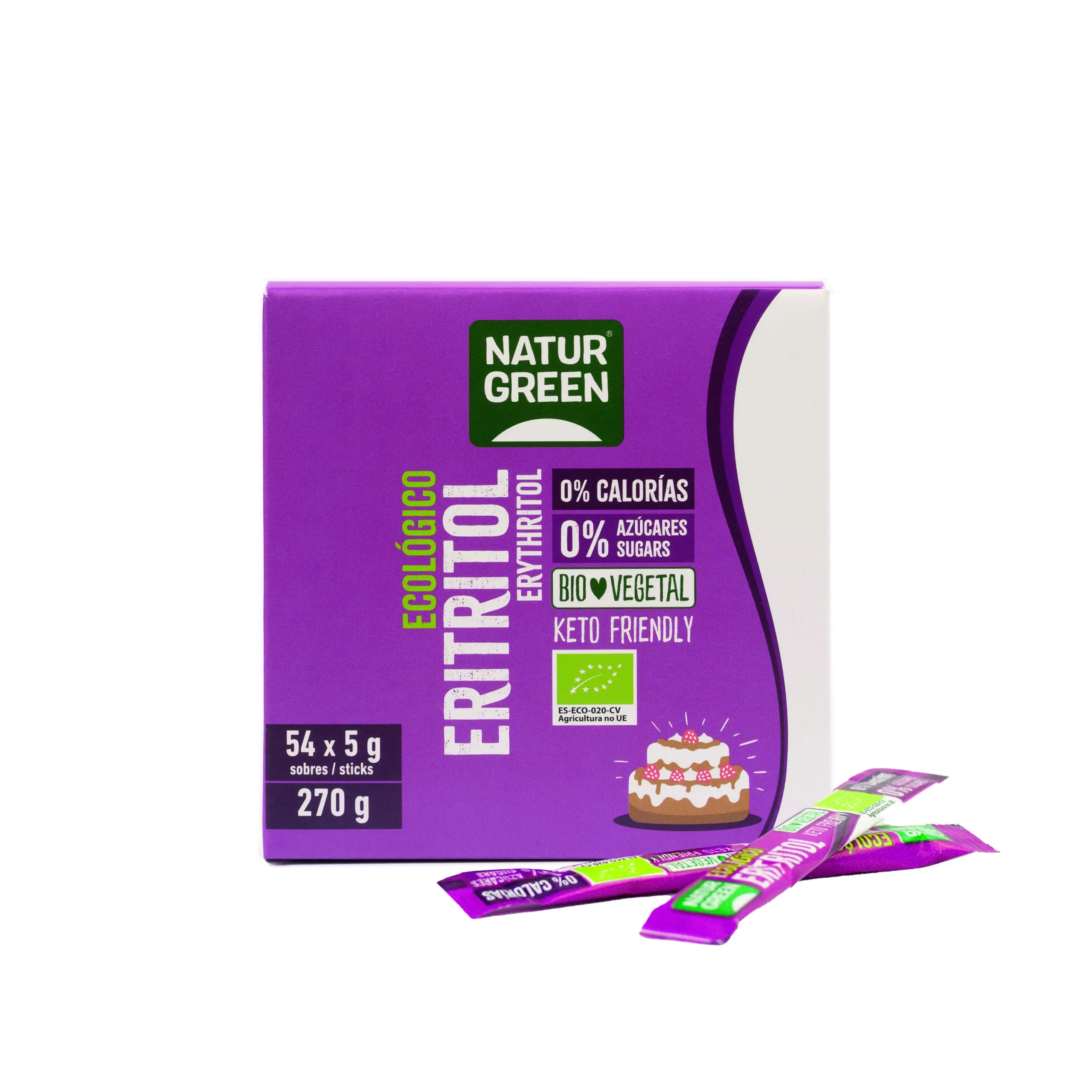 Eritritol en Sticks Bio 54x5g Endulzante 100% natural sin calorías ni azúcar Ideal infusiones y recetas NATURGREEN
