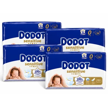 Dodot Sensitive Talla 0 Recién Nacido (0-3 kg) Pack 96 Pañales (4x24) – Barrera Stop Fugas y Máxima Suavidad