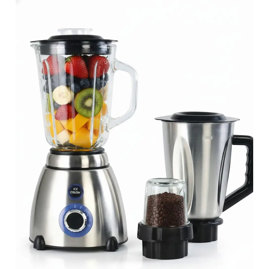 Licuadora 3x1 800W Shiro Vaso de vidrio y otro de Acero Inoxidable 1.5L, Vaso de molinillo de vidrio, 5 Velocidades, Función Pulso y pica hielo