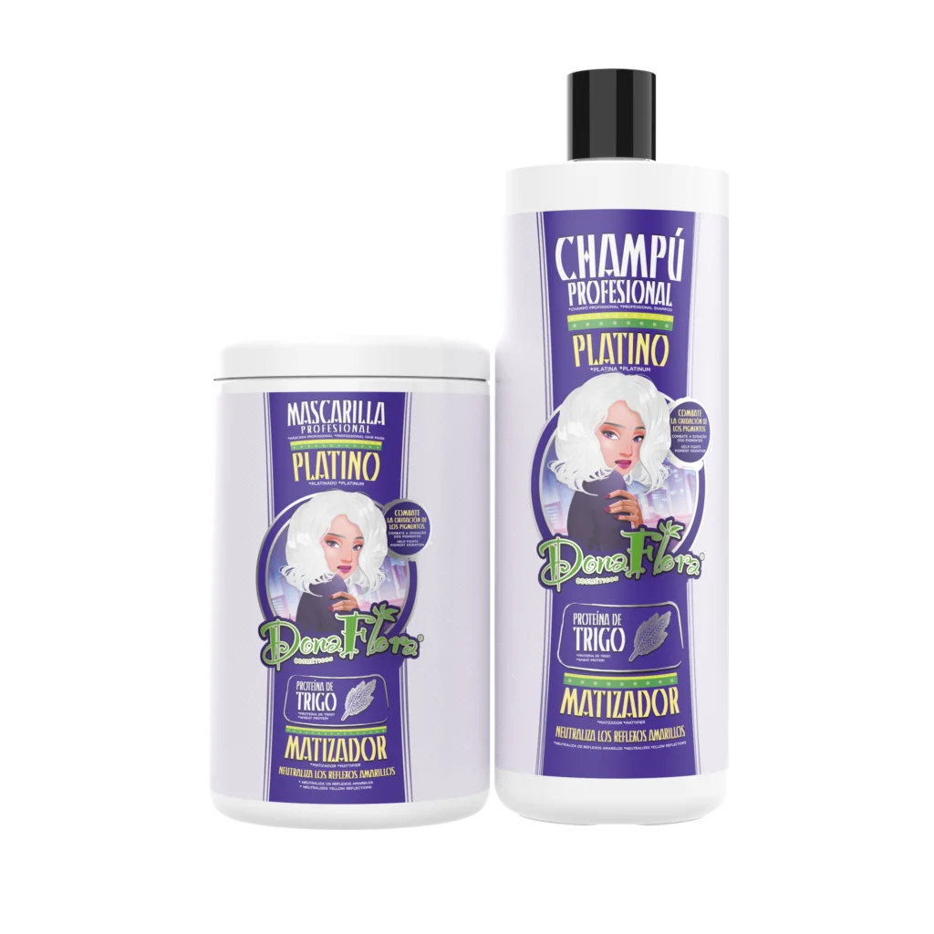 Dona Flora - Champú y Mascarilla de pelo 1000ml - PLATINO - Cabellos Rubios, Canosos o Decolorados