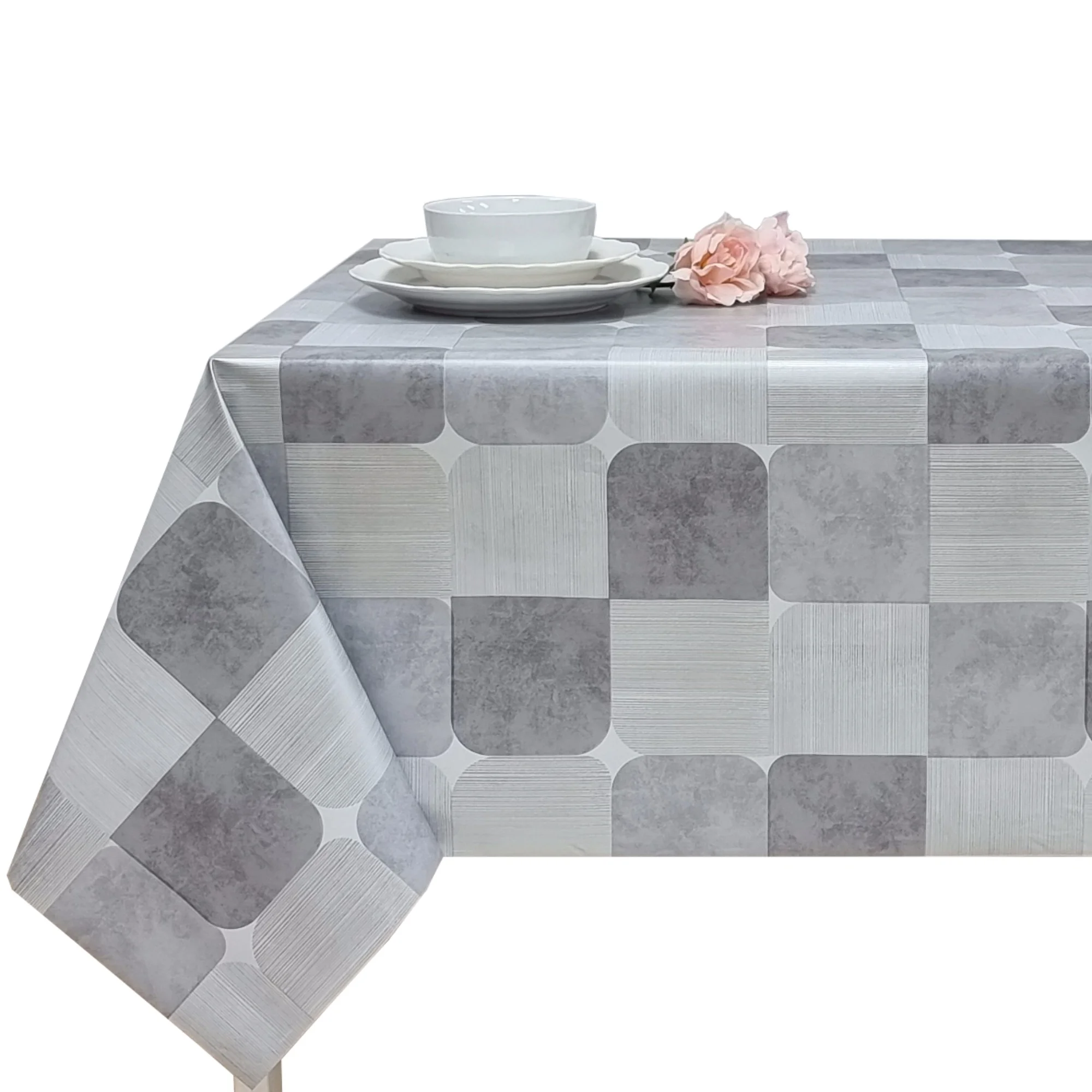 Mantel de Hule PVC Rectangular Impermeable y Antimanchas, Diseño Geométrico Gris y Rojo, Fácil de Limpiar, Ideal para Cocina y Comedor