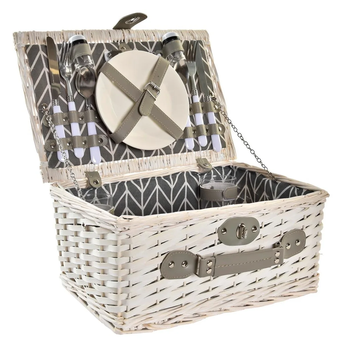 Cesta de Picnic Mimbre Blanca para 2 con Juego Completo de Cubiertos, Platos y Copas