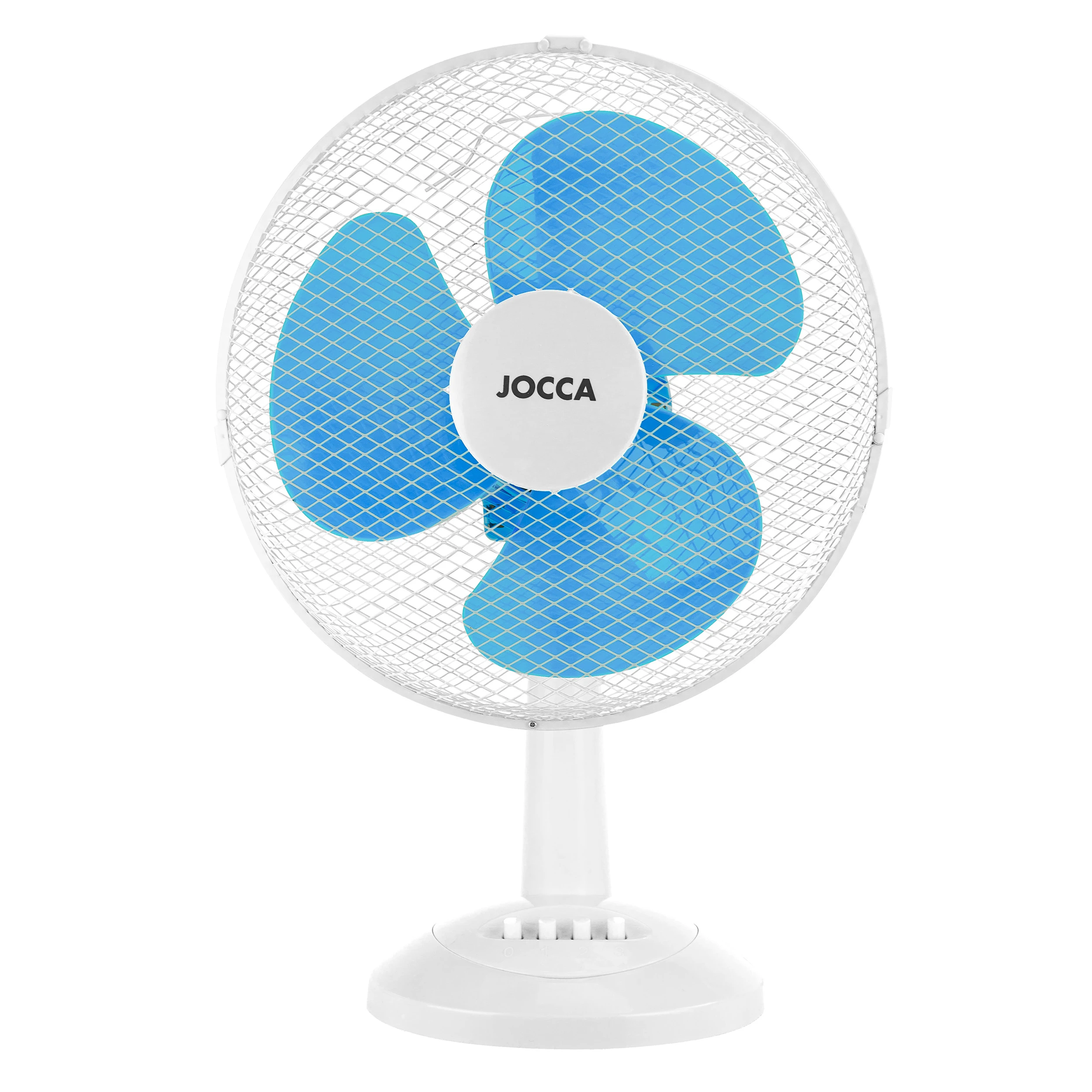 Ventilador Jocca de sobremesa de 12', con sistema de oscilación, cabezal reclinable, 3 velocidades, 30 cm de diámetro, 40W de potencia y disponible en blanco junto a dos colores azules y un elegante