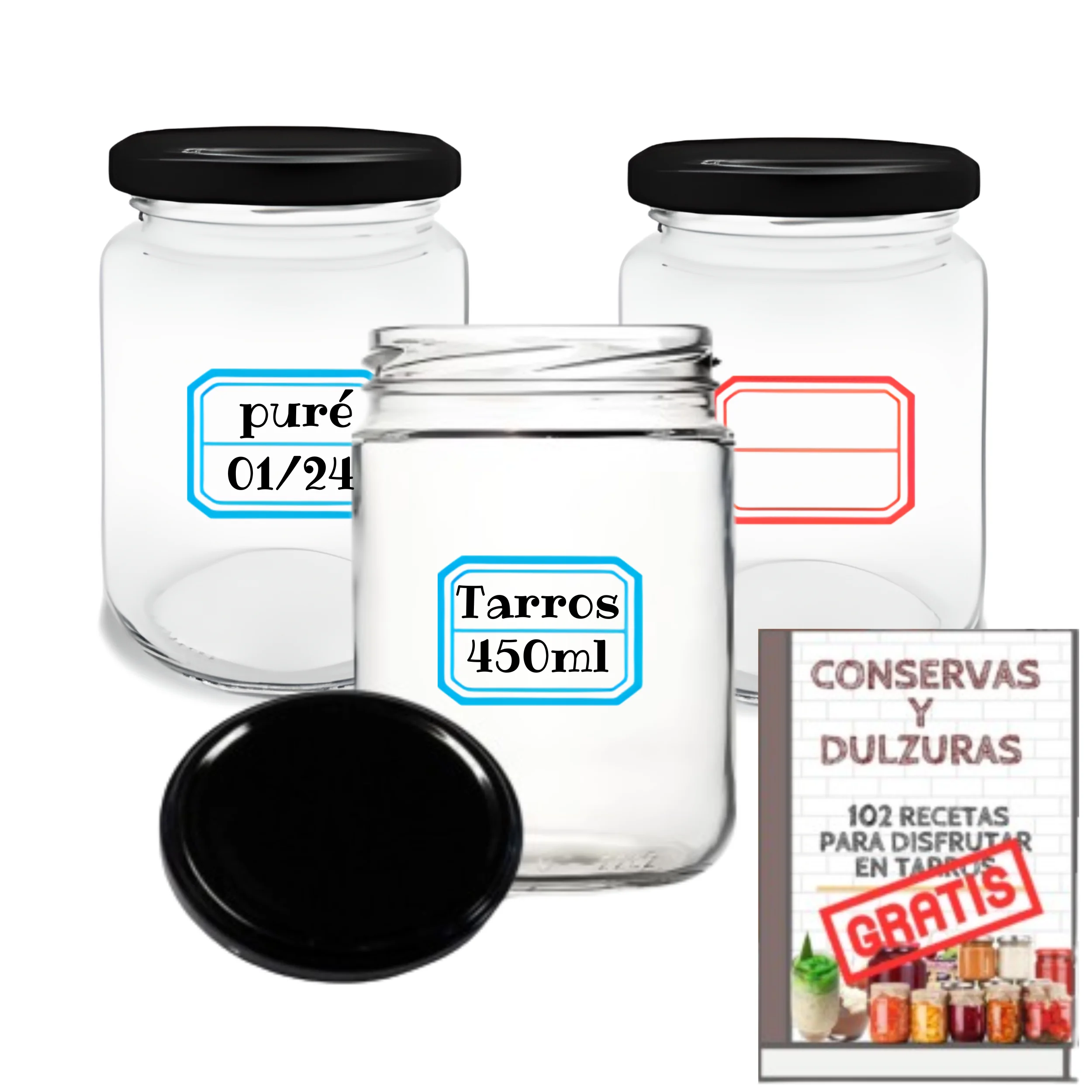 MundoTarros - Tarros de Cristal de 450 ml con Tapas + EBook con 102 Recetas para Conservas - Frascos con Tapa de Rosca para Alimentos Caseros - Bote Estanco - Incluye Etiquetas - Tarros Medianos