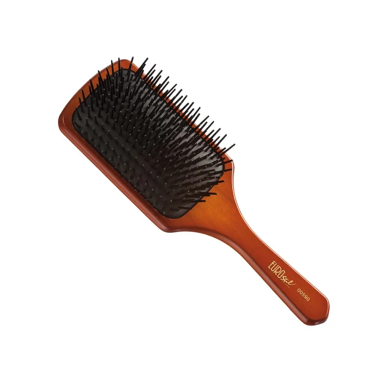 Cepillo para el Cabello Forma Rectangular Ancha, Imitación Madera, Púas Negras y Fuelle de Goma – Eurostil