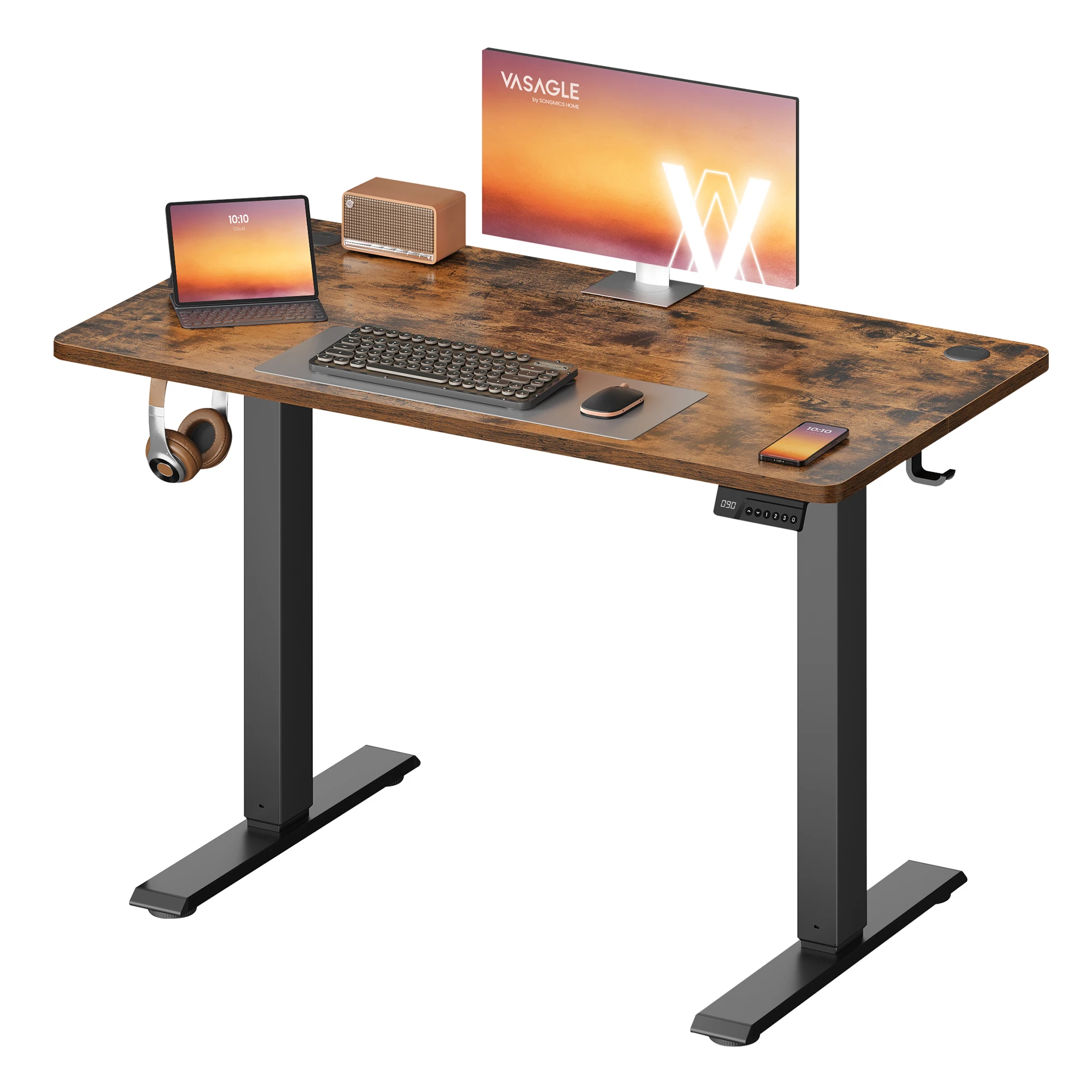 VASAGLE Scrivania Elettrica Regolabile in Altezza, Scrivania per Computer, Promemoria Sedentarietà, Funzione Memoria con 4 Altezze, per Ufficio, 100 x 60 cm, Marrone Rustico/Bianco Nuvola/Rovere