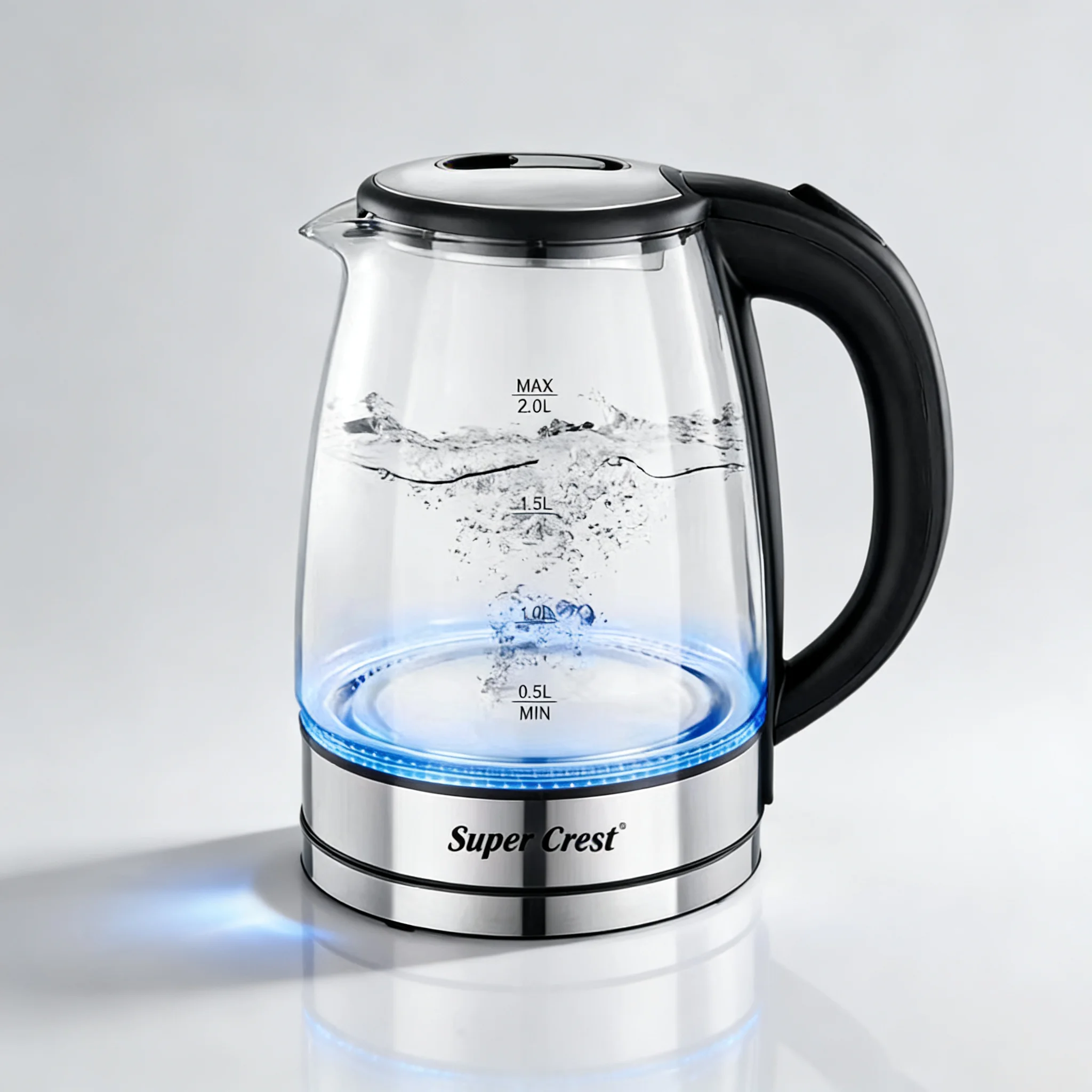 hervidores eléctricos cristal de 2L Super Crest, hervidor de vidrio Blu-ray con Iluminación Led para el hogar, tetera, termo, apagado automático, caldera de café de 2000W