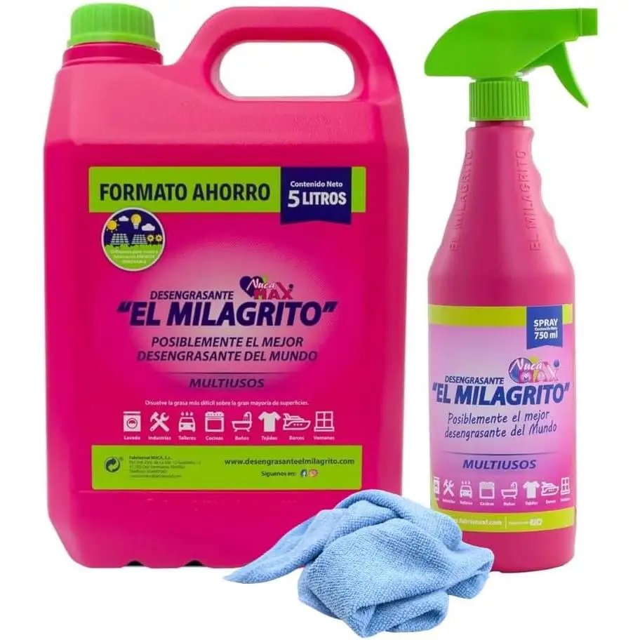 FAMILYCOM. Desengrasante El Milagrito (5 Litros + Pistola 750Ml) + Trapo Microfibra.
