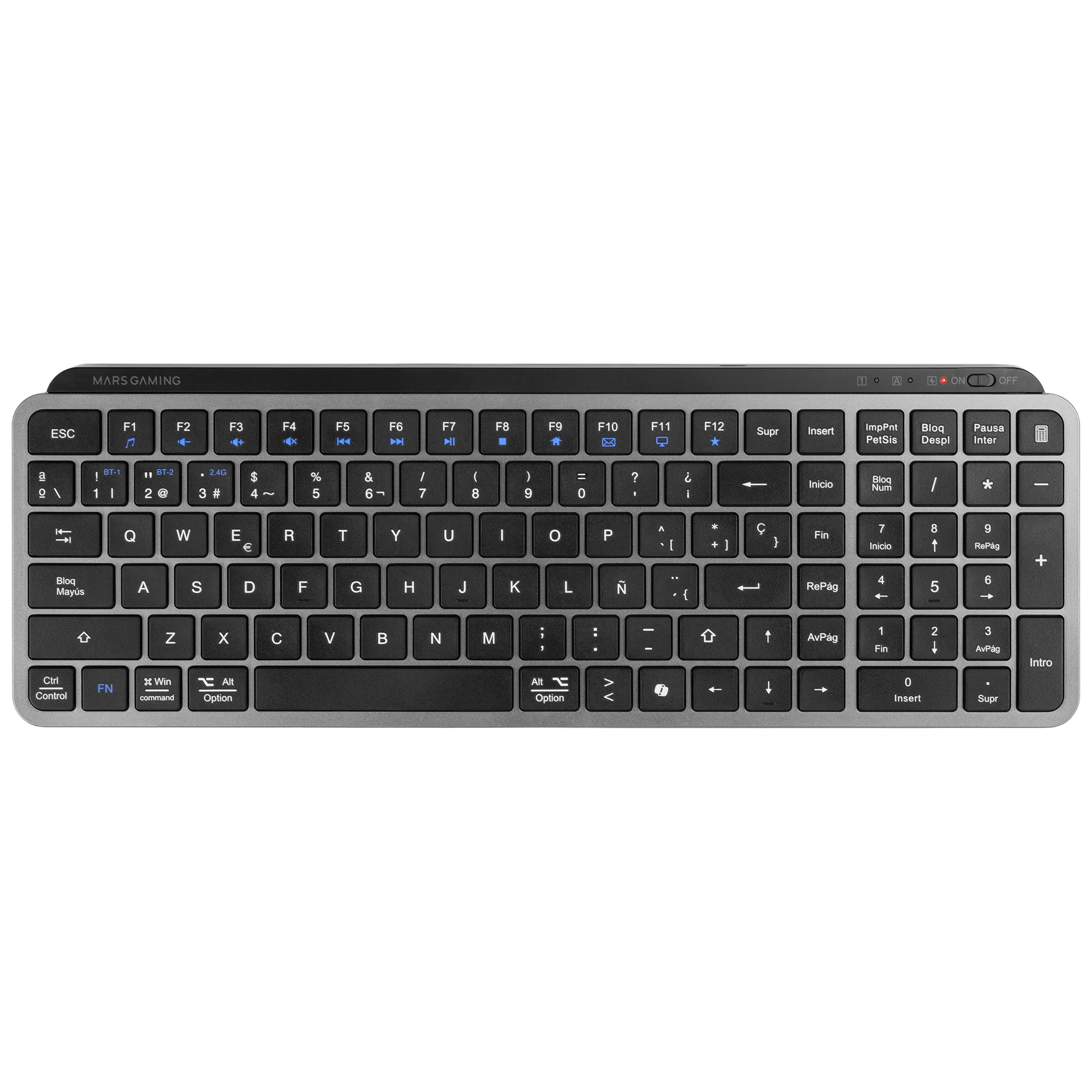 Mars Gaming MK-SILENKEYS, Teclado Inalámbrico Full-Format Compacto, Perfil Bajo, Switches Tijera Silenciosos, Tecla Copilot AI, Bluetooth 5.1 Dual + 2.4GPRO, Batería 200h, PC/Mac, Negro, Idioma