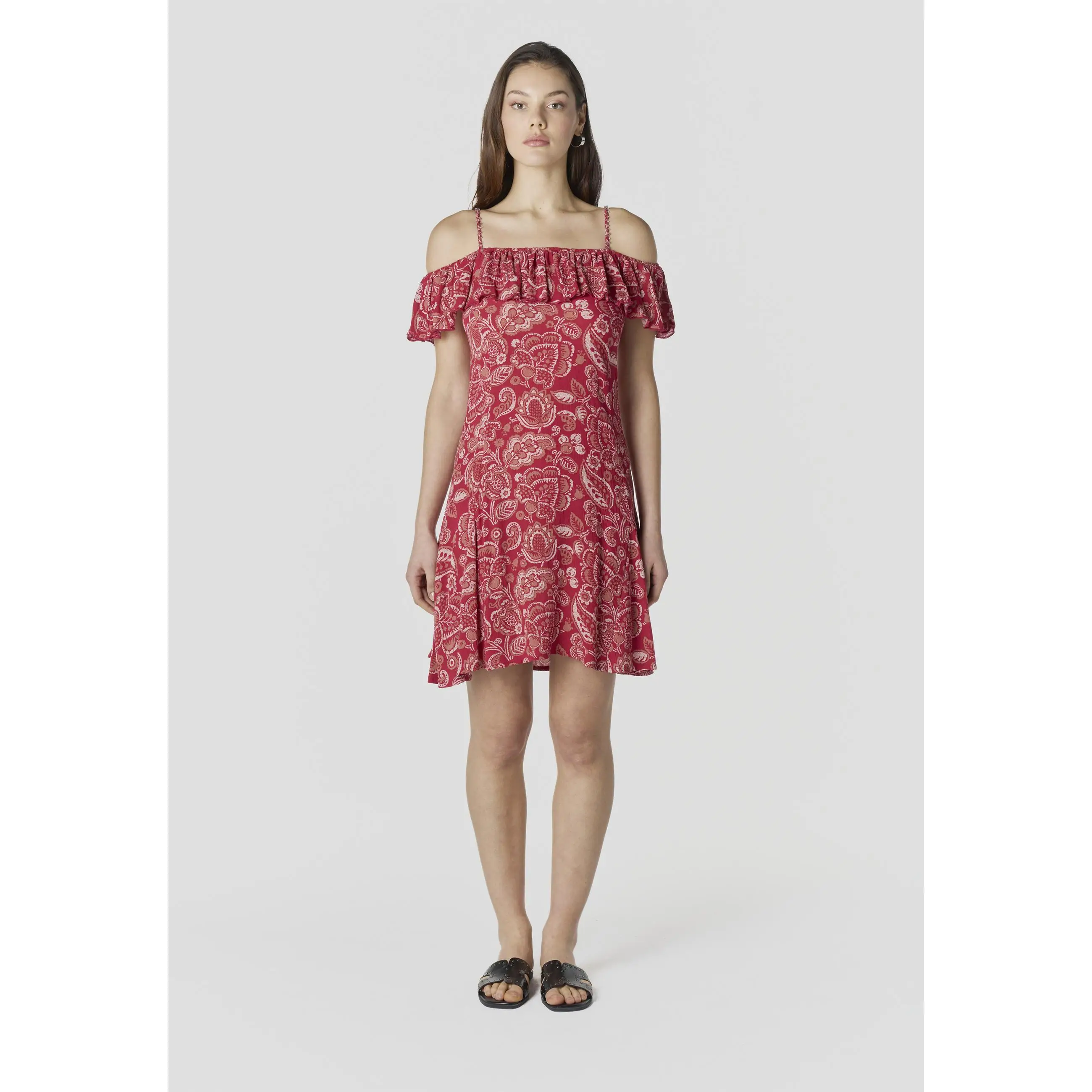 Koroshi - Vestido corto mujer hombros descubiertos estampado floral y paisley en rojo de 100% viscosa para verano