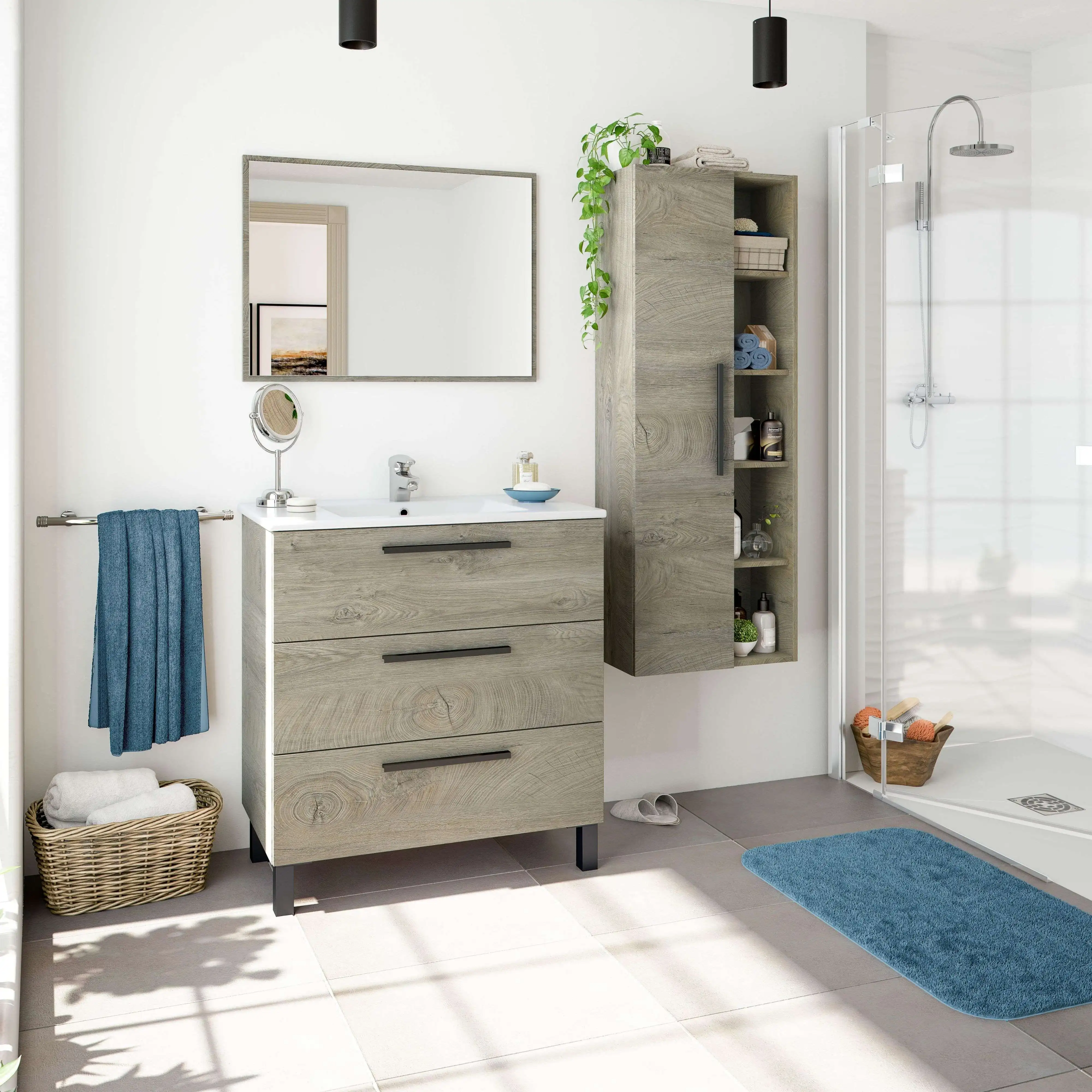 Miroytengo Pack Baño Completo Roble Alaska Mueble Baño, Columna de baño, Espejo y Lavabo Cerámico Incluido
