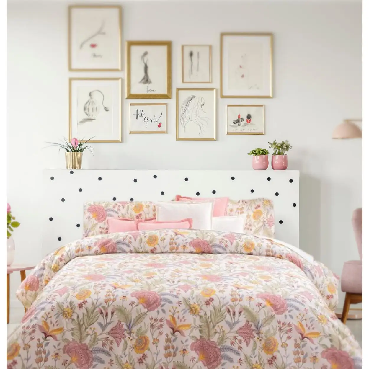 D'A GAMA HOME COLLECTION S.L. Funda Nórdica Estampado Cúrcuma Hojas Románticas Rosa 50% Algodón y 50% Poliéster con Saco Nórdico y Funda de Almohada