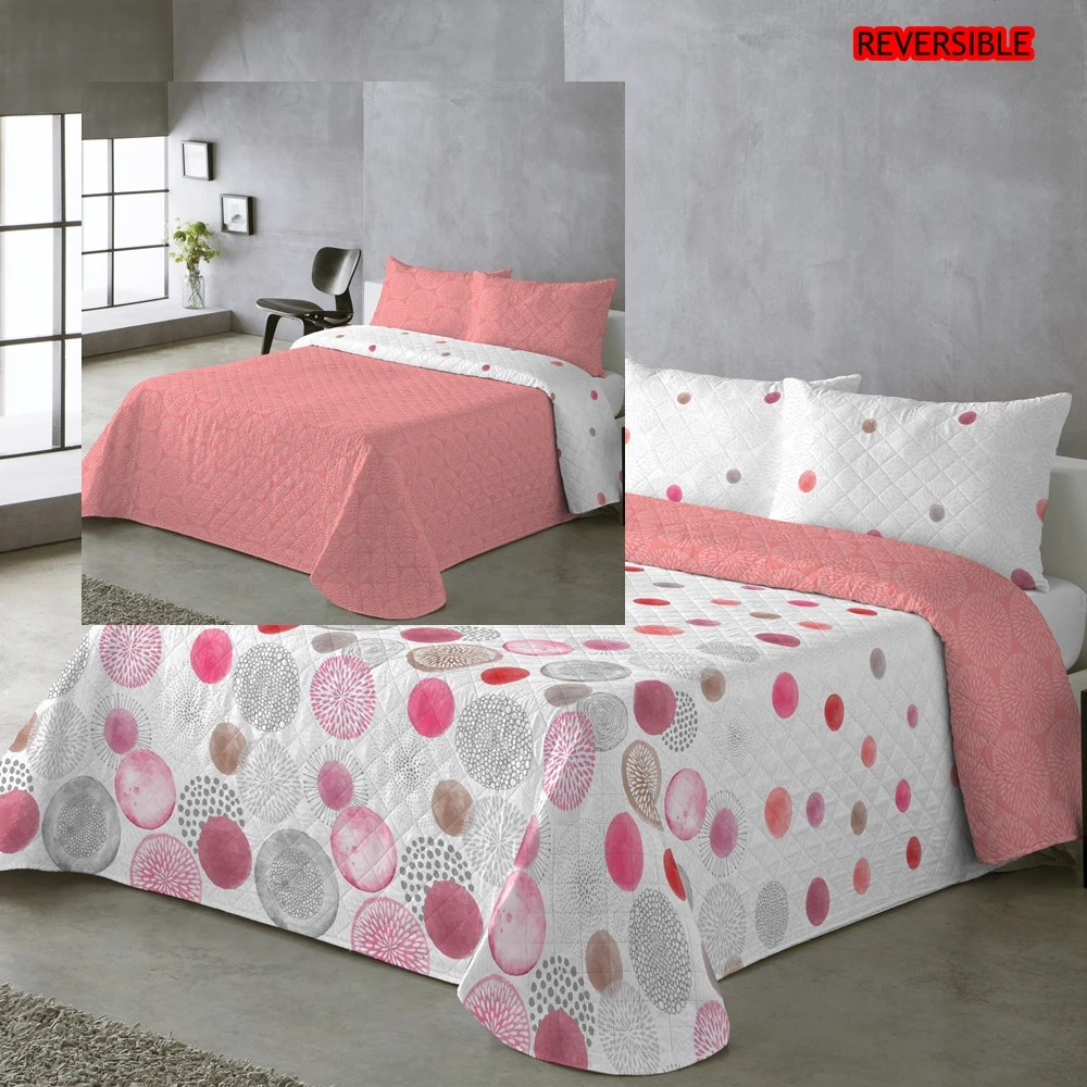 UNIFABRIC HOME TEXTIL Colcha Bouti Primavera Verano Reversible Color Coral Mod.ROCIO Cama 90 ,105,135 y 150 Ligeras y Suaves ,Incluye fundas de cojín,Termosellada No hace bolitas y fácil planchado