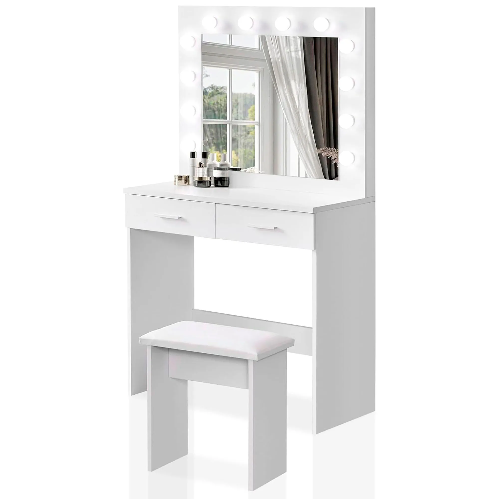 Tocador con espejo y luces LED Nyana Home | Diseño moderno y funcional | 2 cajones amplios | Incluye taburete acolchado | Medidas: 80x140x40 cm
