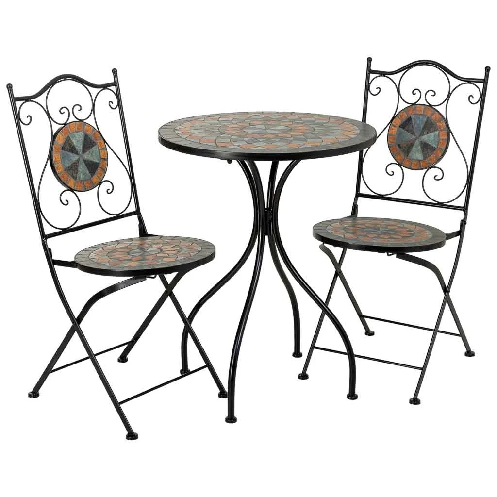 Wonderlust Deco - Conjunto mesa y 2 sillas de mosaico y forja marrón, mesa:D60x75h-silla Marrón D60x75h-D38x46-90h