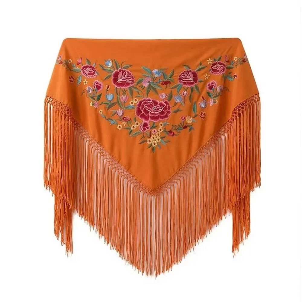 Mantón de Flamenco Bordado de Flores de Chiffón 140x50 con Flecos Largos 30cm