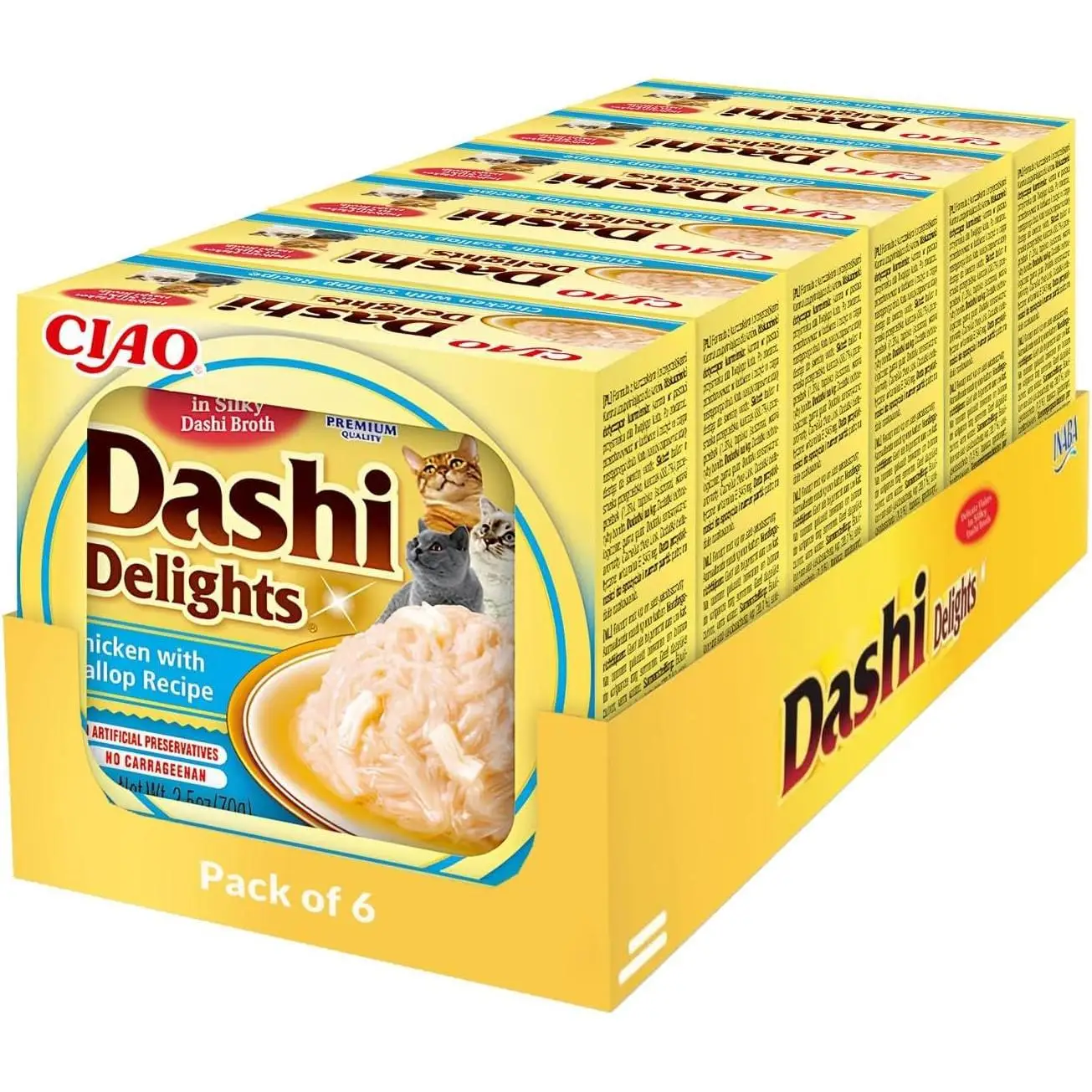 DASHI DELIGHTS de Inaba (6x70 gr) - Alimento Complementario Receta de Pollo con Vieiras para gatos