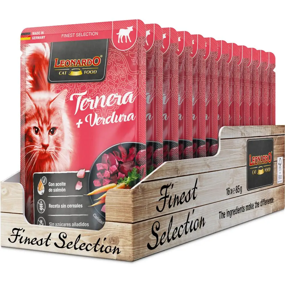 Leonardo Menú de Ternera y Verduras Sobres para Gatos - 16 unidades x 85 gr
