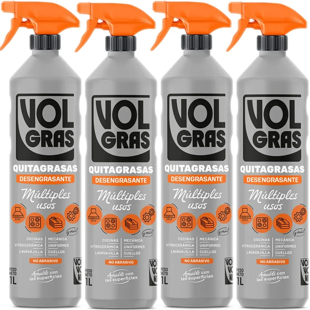 VOLGRAS Quitagrasas Volvone Pack 4 uds - Potente desengrasante con pulverizador, No abrasivo, Sin sosa, Amable con las superficies, Multiples usos: Cocinas, Vitroceramica, lavavajillas, elementos mecanicos, prendas