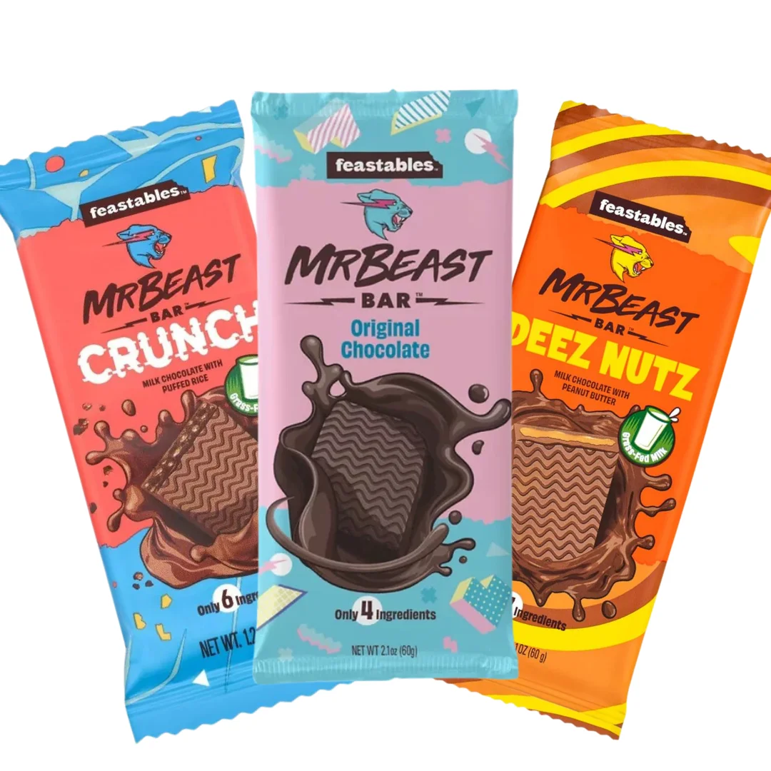 Mr Beast Feastables Tabla de Chocolate (Original, Crunch, Deez Nutz) 60gr- Pack 3
