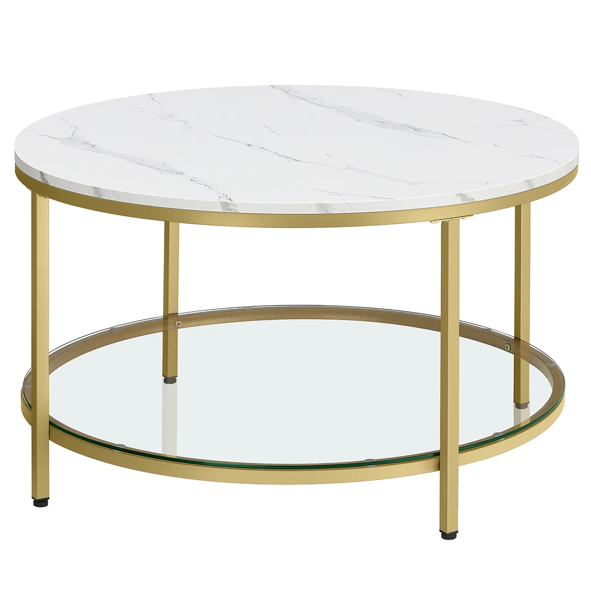 VASAGLE Mesa de Centro, Mesa de Salón, Mesa de Sofá de Mármol de Imitación Redonda, Estante de Vidrio Templado, Montaje Fácil, Estilo Moderno, Salón, Blanco Mármol y Dorado Métalico/Blanco Mármol y