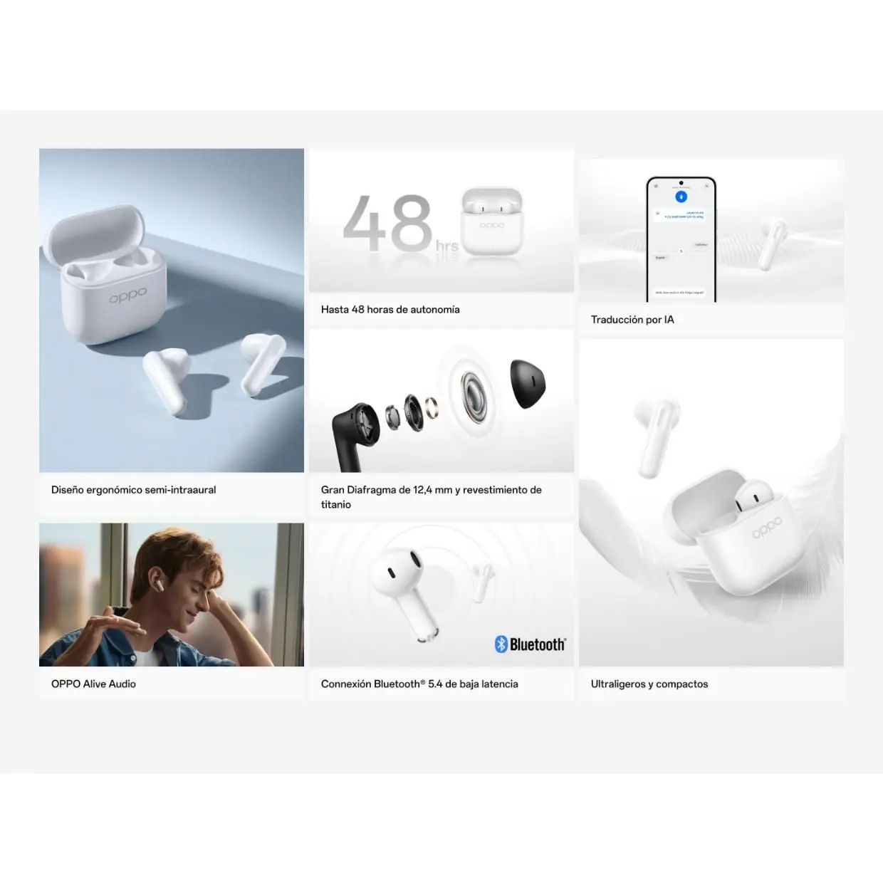 Auriculares – OPPO Enco Buds3, Nergo, Blanco, inalámbricos Bluetooth 5.4, 48 h de batería, cancelación de Ruido por IA, diafragma 12,4 mm, IP55, Baja latencia 94 ms, Control táctil, Sonido 3D 4