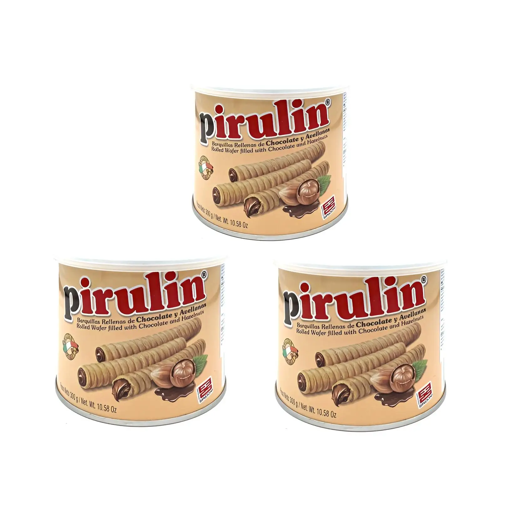 Pirulin Chocolate Pack 3 latas x 300gr (900gr) - Barquillos rellenos de chocolate y avellana