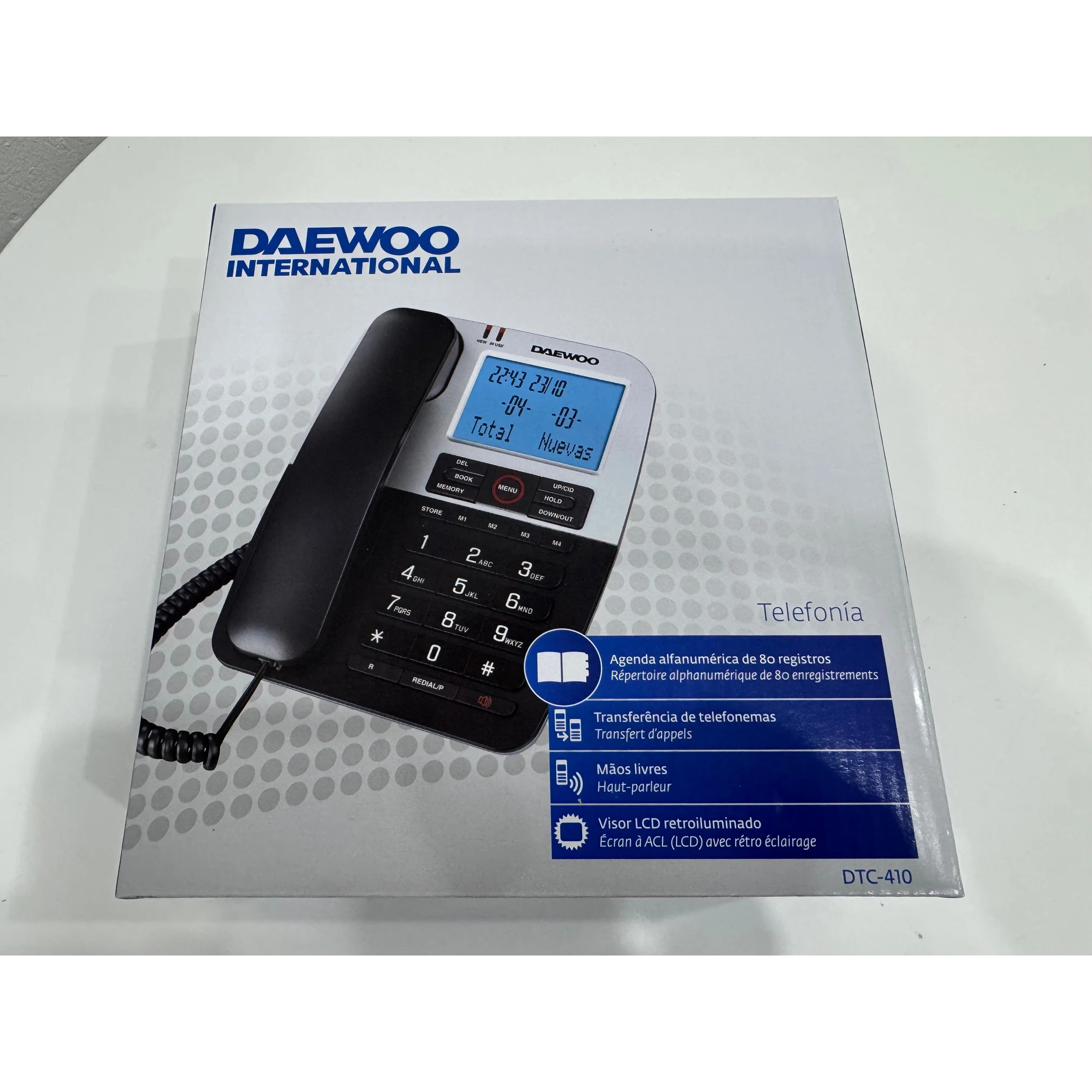 Daewoo DTC-410 Office Phone with Hands-Free Function, Modern Design, LCD Display, 20 Call Memory, Redial Function, Ideal for Office Use, Lightweight at 576g, Measures 204x168x92mm.