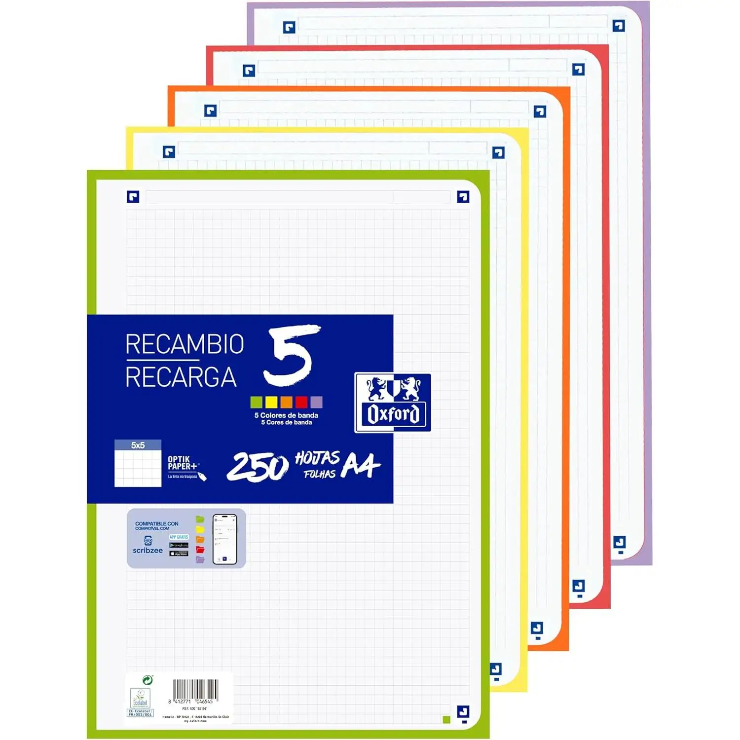 Hojas cuadriculadas A4 Recambio Oxford. 100 + 20 Hojas. Cuadrícula 5X5. Banda 5 colores VIVOS