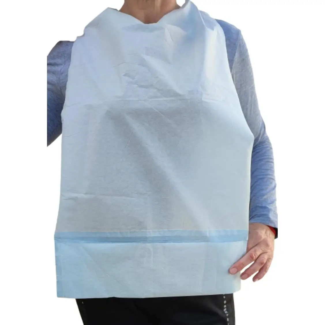 Disposable bib 125 units, waterproof with pocket, with ribbons, special children and adults with two layers. Sky blue and white