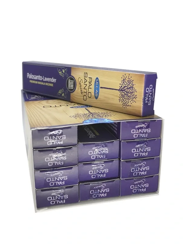 Palo Santo Incense with Lavender, Vanilla, Copal, Dragon Blood, Rose, Jasmine, Rue, White Sage, Cinnamon, and Musk - Set of 12 x 15g boxes for aromatherapy and home fragrance.