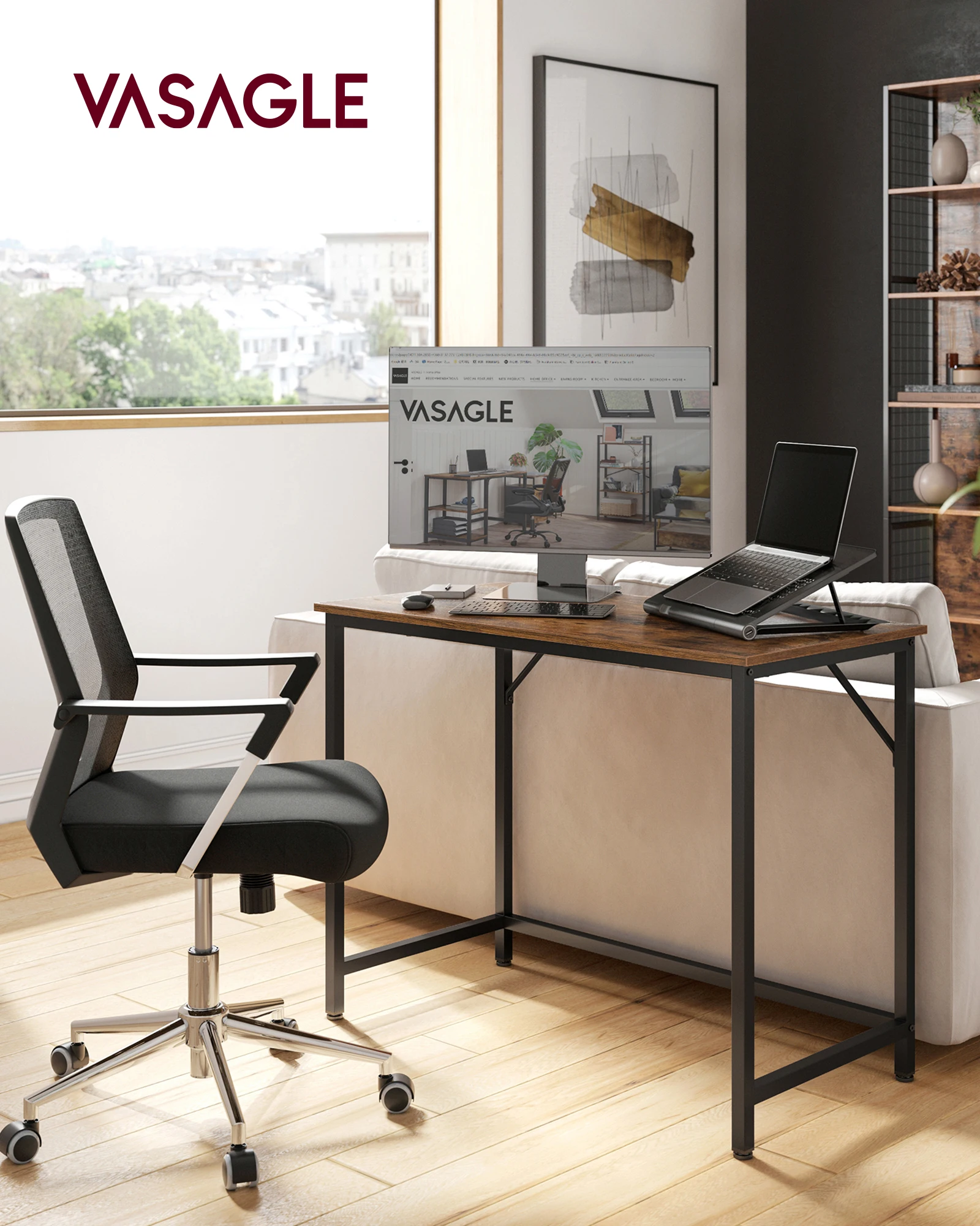 Vasagle desk, small office table and work station, table for teleworking, study, bedroom, 50 x 100 x 76 cm, industrial style, metal structure, rustic brown and ink black