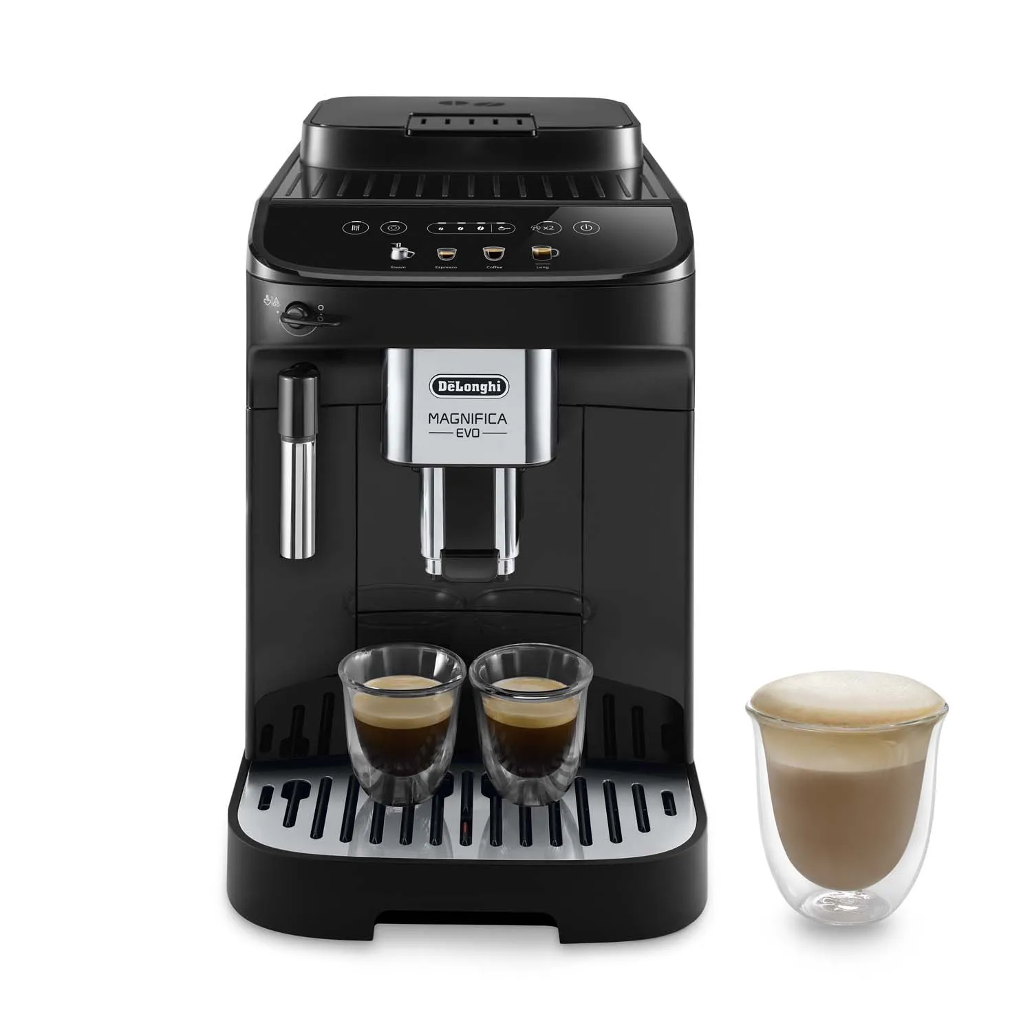 De'Longhi - Magnifica EVO. Acabado metálico, sistema de leche manual (agua caliente y leche), controles táctiles con iconos en color e iluminados, 4 recetas, limpieza automática, grupo difusor extraíble. ECAM290.21.B