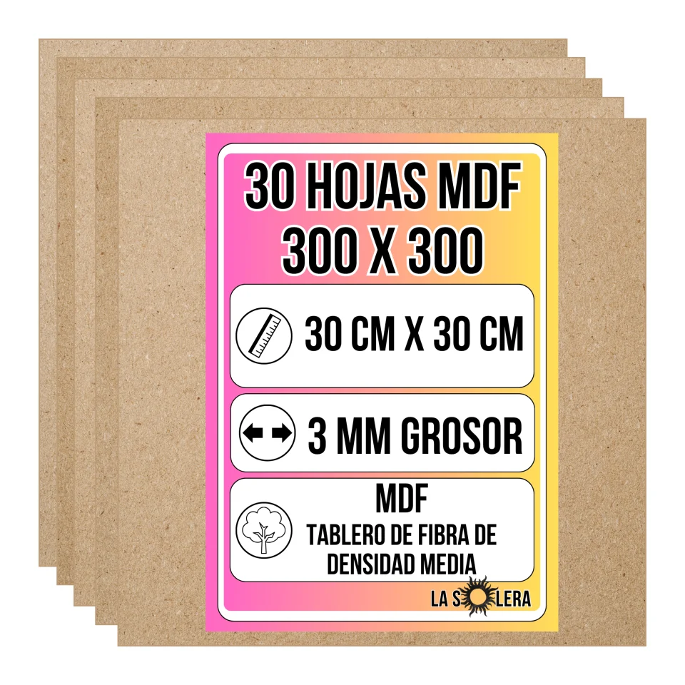 LA SOLERA | Pack de 30 hojas MDF 30x30 cm – 3 mm grosor, ideales para corte láser, manualidades, CNC, modelado, calado, bricolaje y proyectos de decoración y diseño DIY