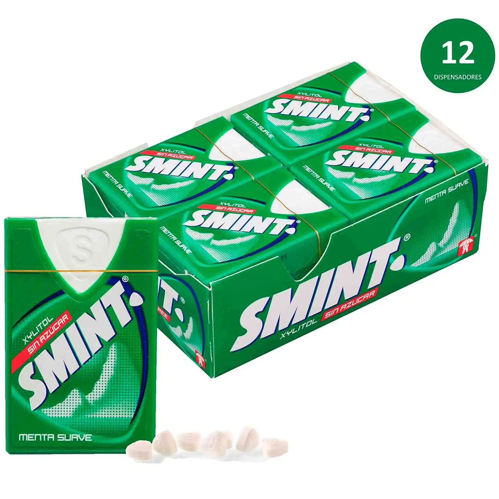Deliex  - Smint Tabs Menta Suave, Caramelo Comprimido Sin Azúcar - 12 o 24 cajitas de caramelos Smint menta suave caja verde 8 gr.