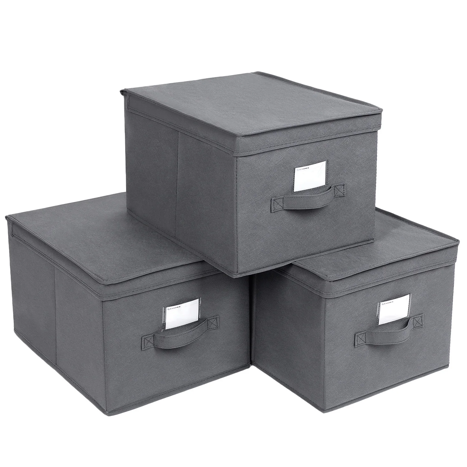 SONGMICS – Juego de 3 cajas de almacenamiento plegables con tapas, cubo de tela mon-tejida con portaetiquetas, cesta, organizador, caja, 40 x 30 x 25 cm, Gris/Negro