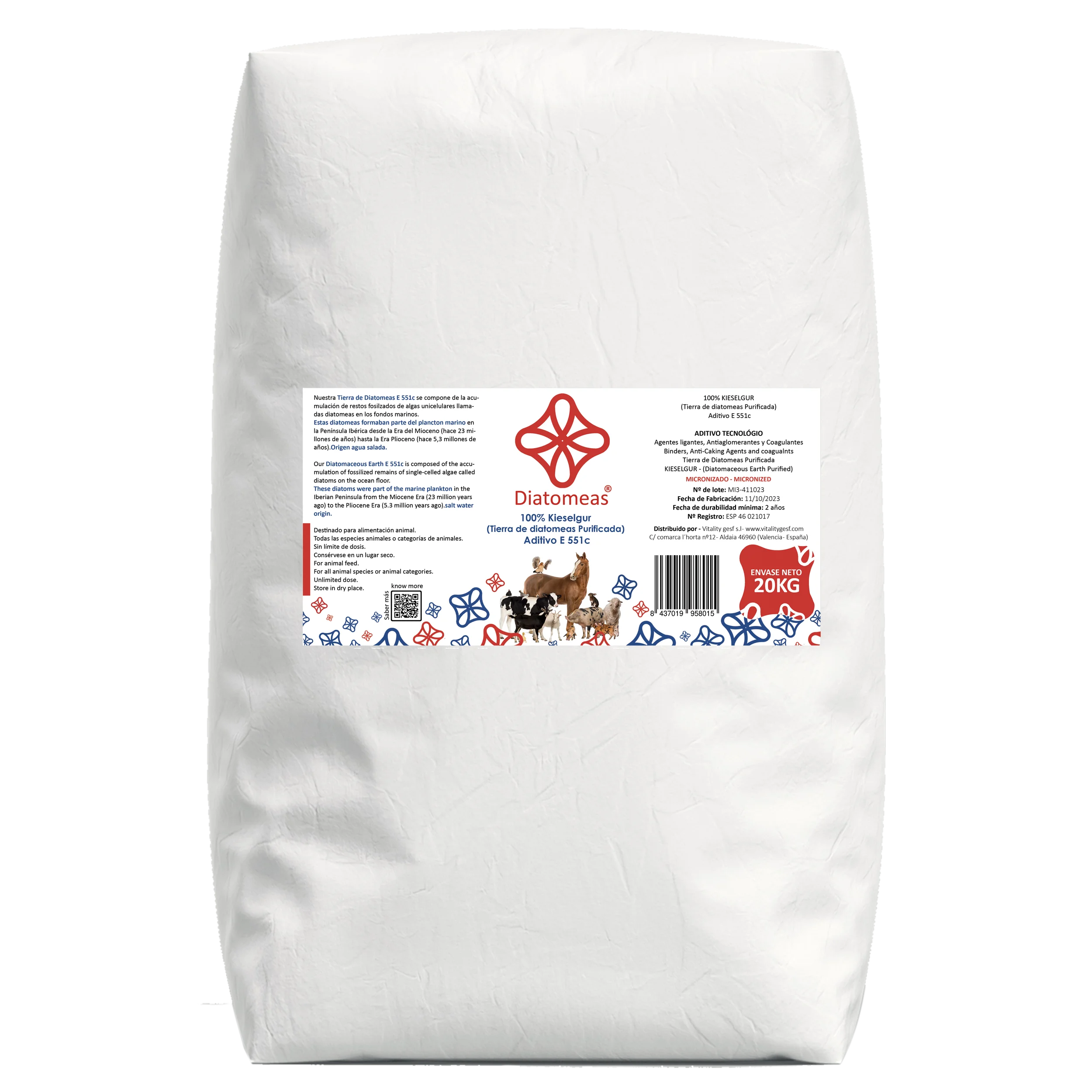 Diatomeas® - Tierra de Diatomeas Micronizada 20kg, Tierra de Diatomeas 100% natural, ecológica y alta pureza, Tierra de Diatomeas Micronizada inocua para animales y seres humanos, Tierra de diatomeas grado alimenticio E551C.