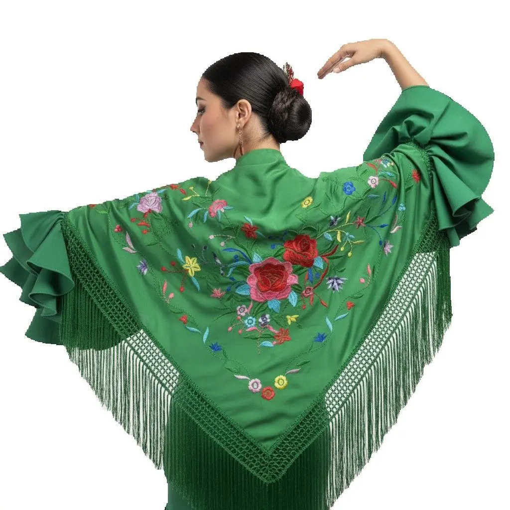 Mantón de flamenco de color verde Andalucía con los bordados de floral multicolores