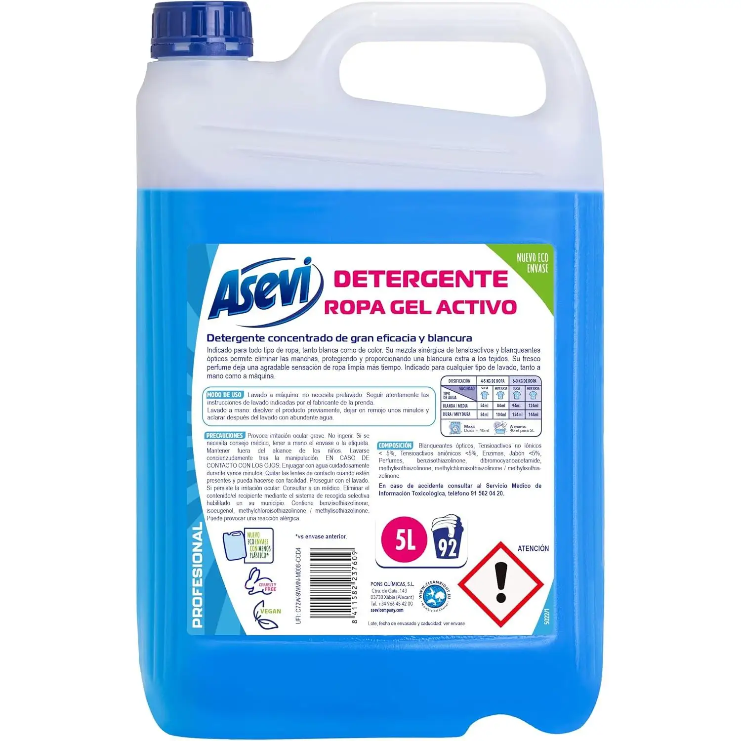 Asevi detergente lavadora gel activo. Detergente para ropa blanca y de color con fórmula concentrada. Aporta blancura deslumbrante y luminosidad 92 Lavados 5L