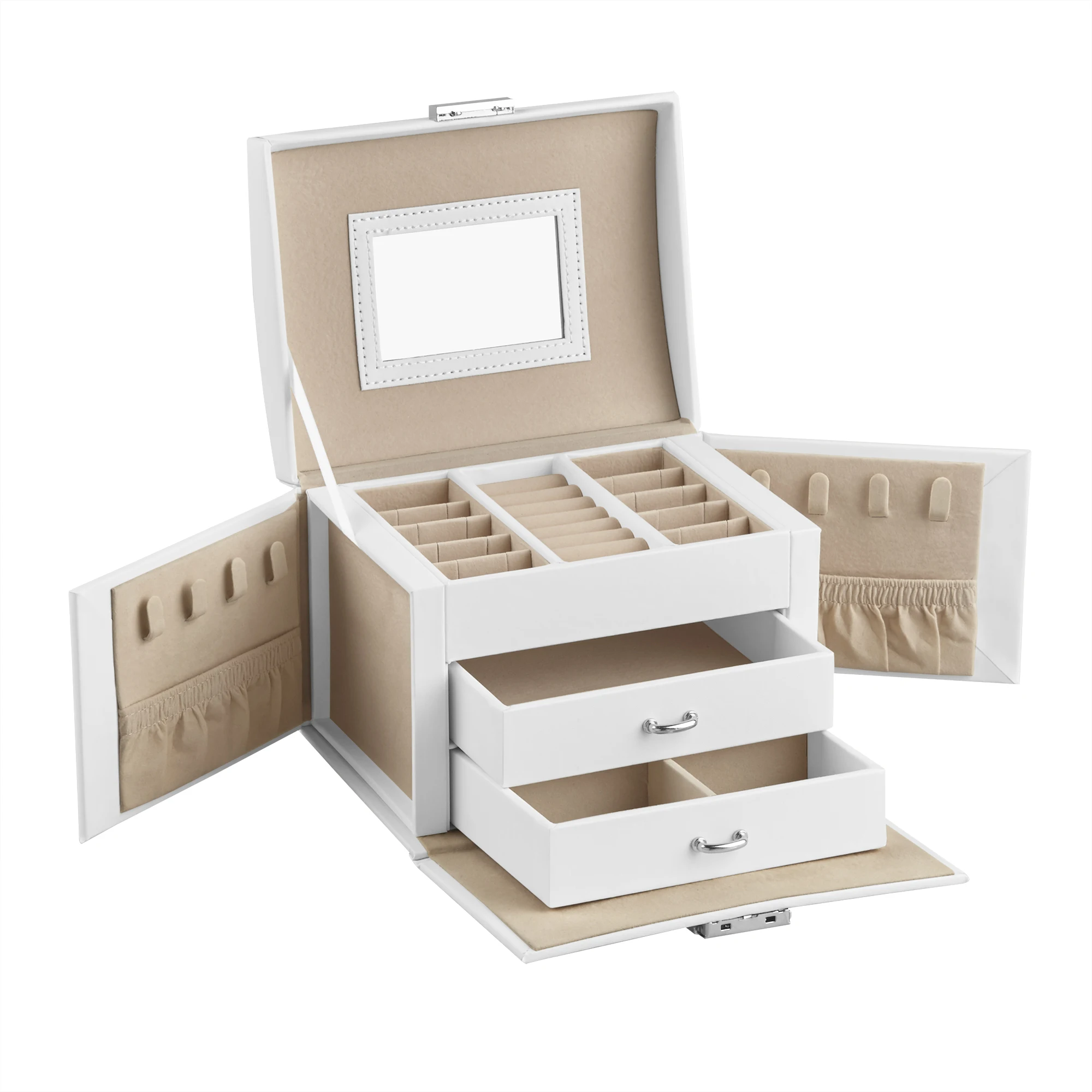 SONGMICS Caja Joyero de 3 Niveles, Caja para Joyas con Asa, 2 Cajones, Espejo, Cerradura, para Viajar, Estilo Moderno, Regalo para Seres Queridos, Blanco Clásico/Gris Pizarra/Negro Clásico, Regalo de