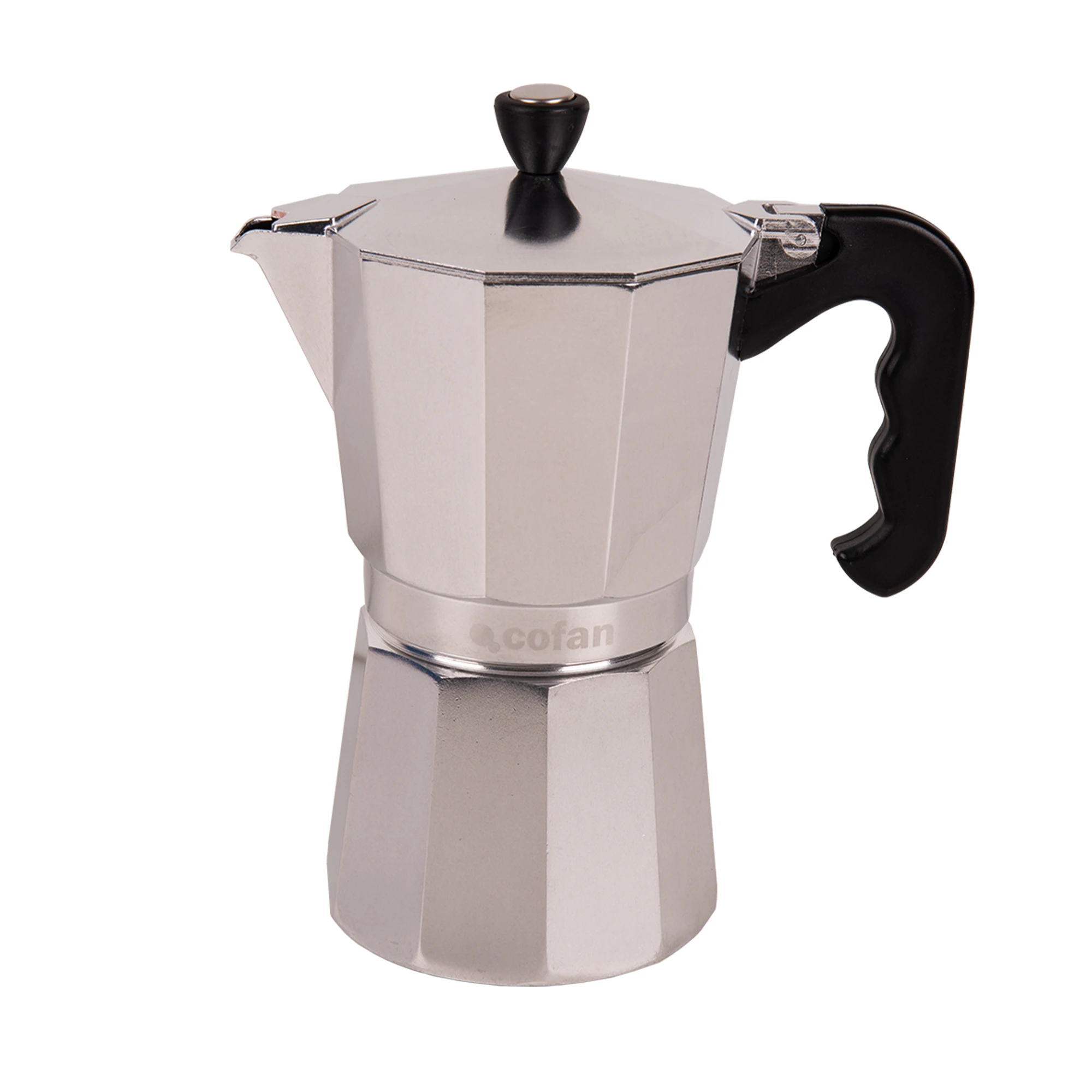 Cofan Cafetera italiana inducción | Capacidad: 6, 9 o 12 tazas | Material: aluminio | Apta para todo tipo de fuegos | Mango y tirador de nylon