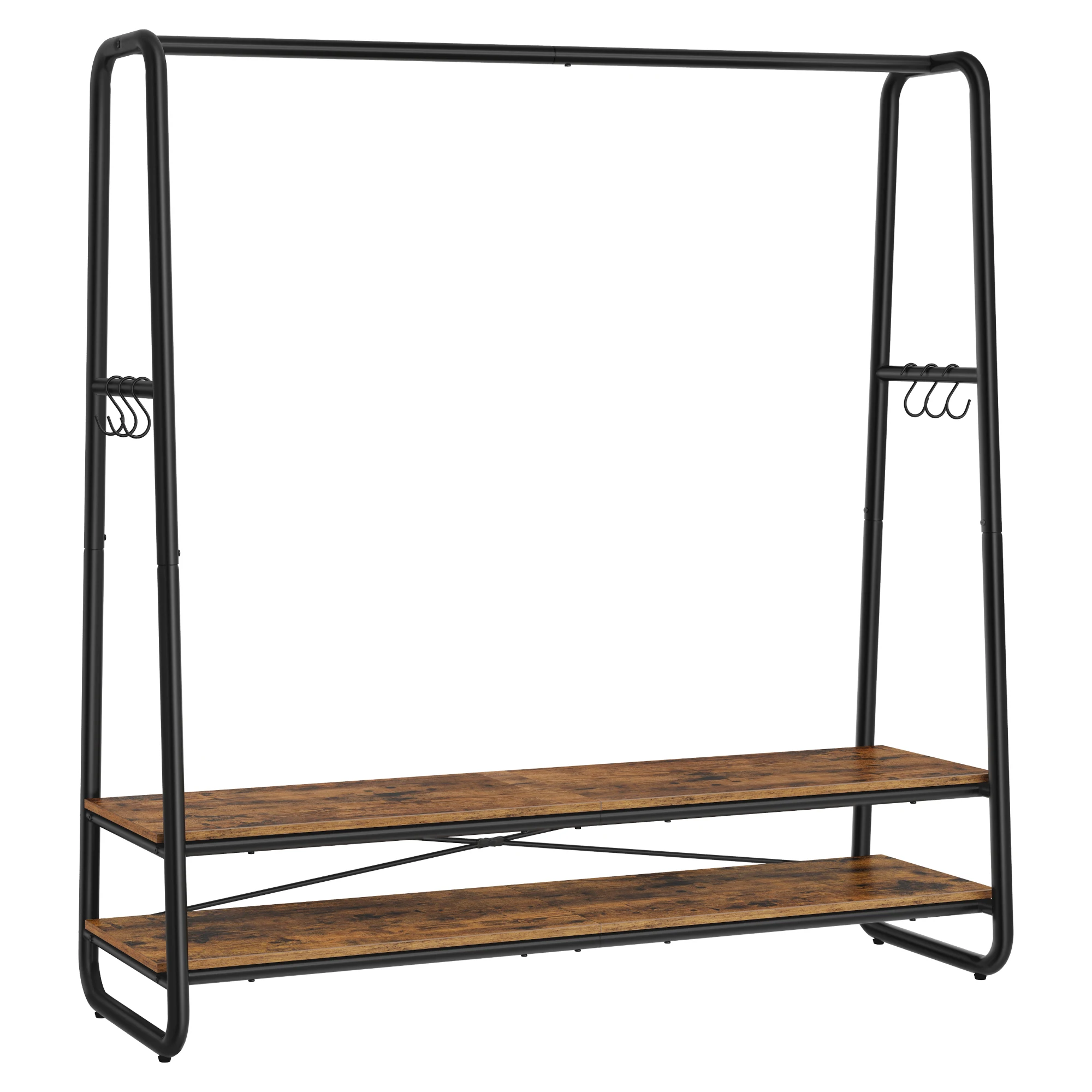 VASAGLE Perchero Burro, Perchero Recibidor con 2 Estantes, 6 Ganchos en Forma de S, Marco de Acero, 45 x 138 x 160 cm, para el Dormitorio, Marrón Rústico y Negro/Beige Natural y Blanco Mate