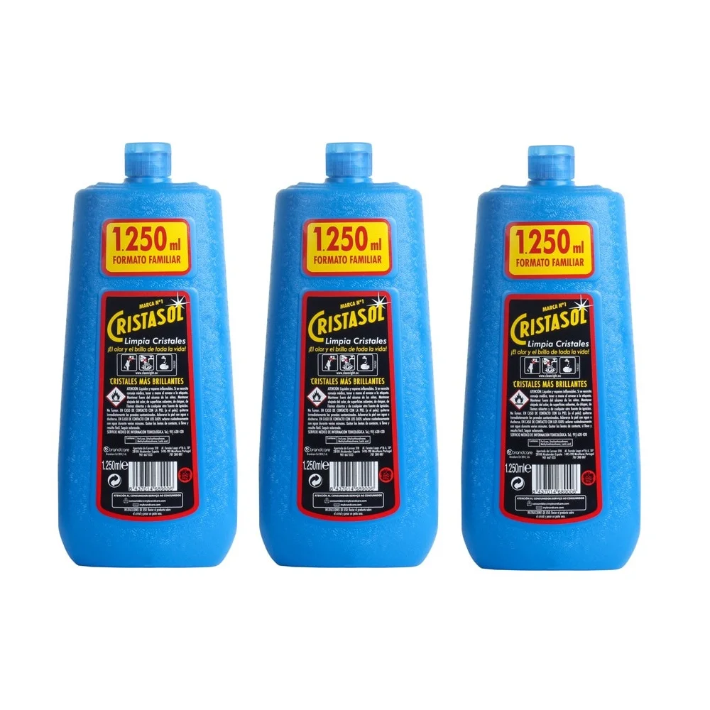 CRISTASOL Limpiacristales bote 1.250 ml (Pack 3 unidades) - Potente limpiador de cristales, Bote recambio tradicional, El olor y brillo de toda la vida, Elimina la suciedad y las manchas de grasa, Vidrios y espejos limpios y brillantes