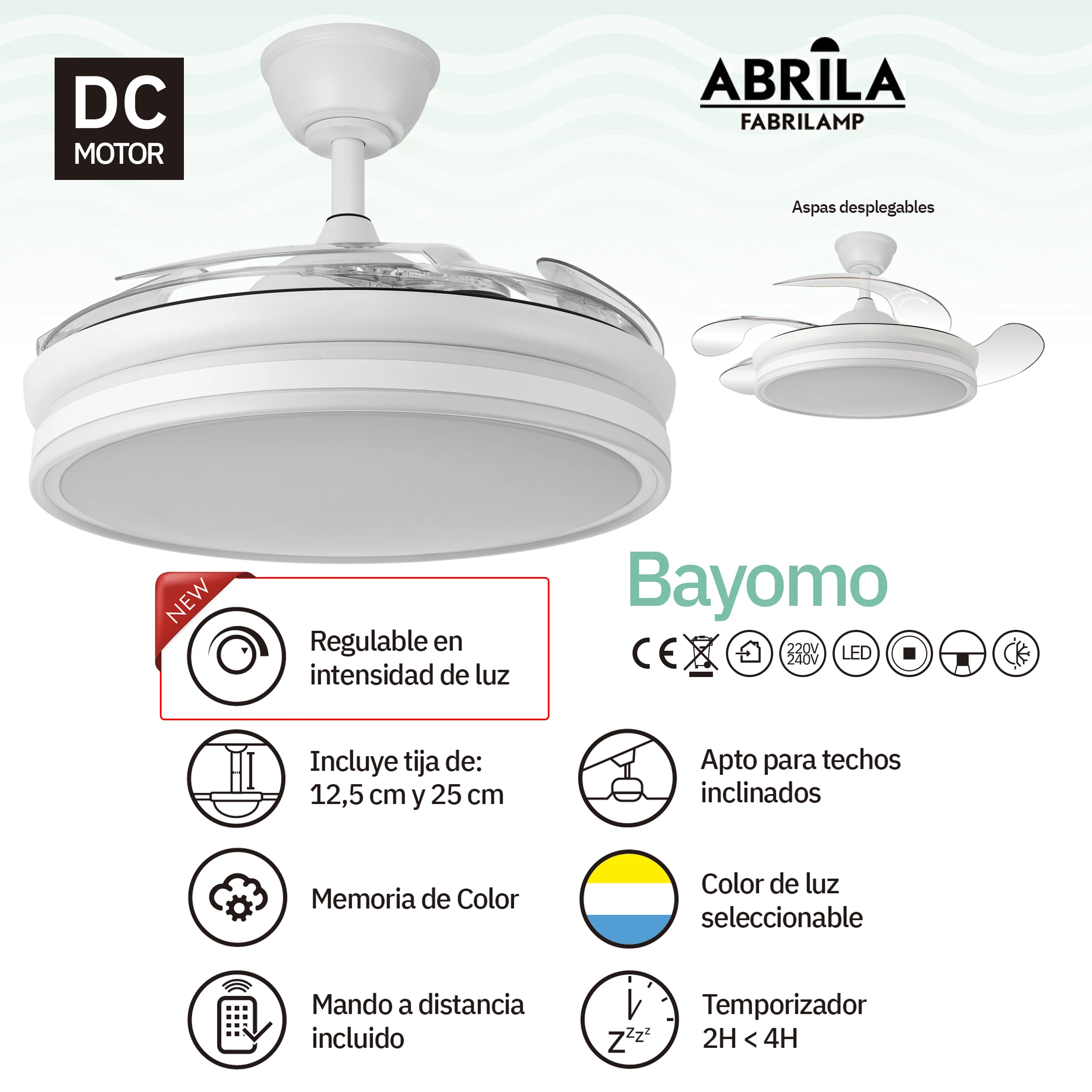 Ceiling fan BAYOMO NEW DC 59w 6980lm White, 4 folding blades, dimming intensity and light tone 3000K, 4000K, 6000K with remote control. Measures 34,5/42x50 Ø/107 øcm-Abrila-Fabrilamp - Dimable. Includes two tijas. 12,5cm and 25c