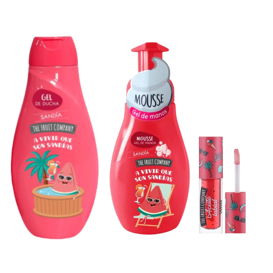 Pack de sandía de la empresa frutera: gel de ducha, mousse de jabón de manos y bálsamo labial. Regalo perfecto para un cuidado de la piel viral y divertido: todo con aroma a sandía.