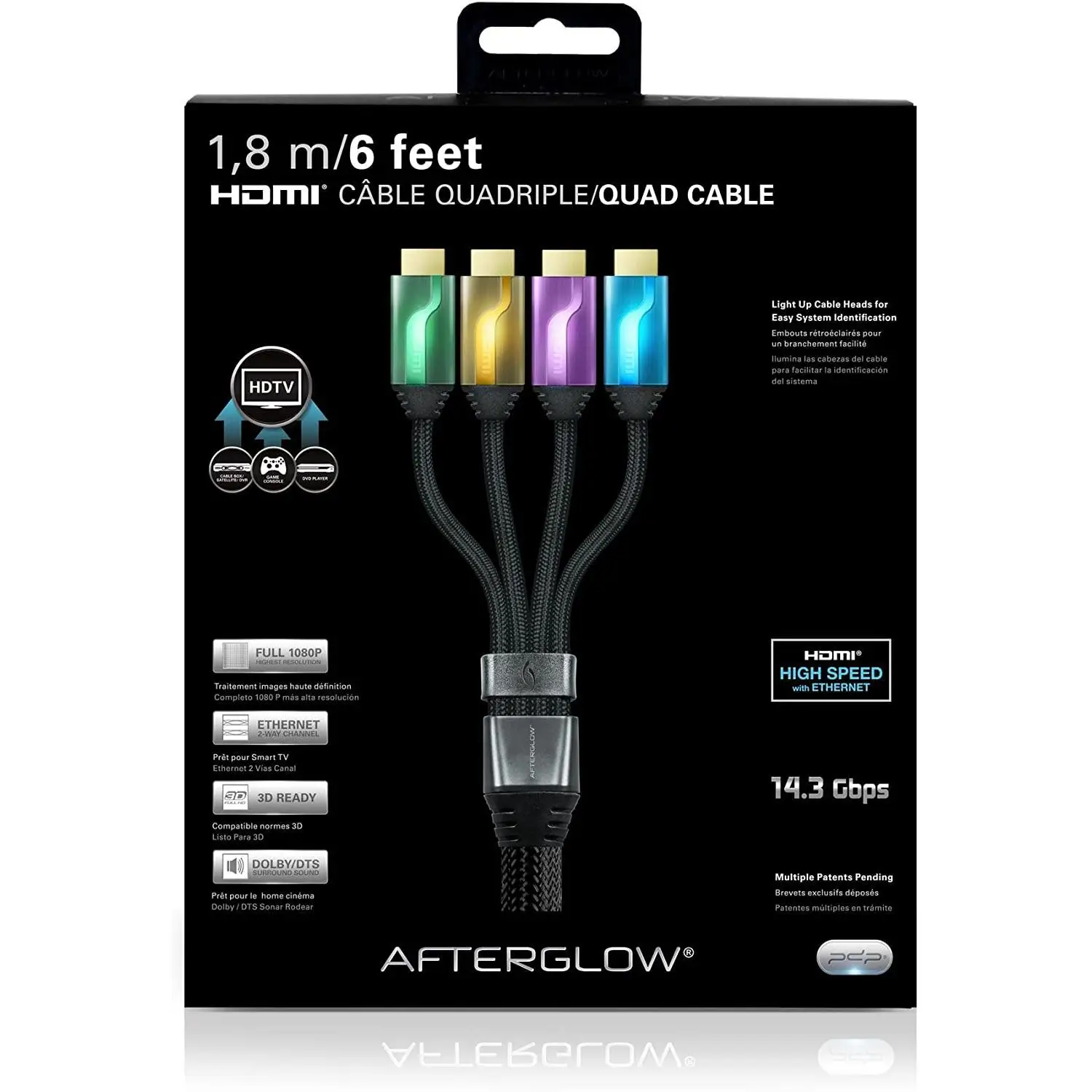 Cable HDMI PDP Quad 6' Afterglow Verde/Dorado/Lila/Azul - Protección Contra Interferencias, Máxima Integridad de la Señal