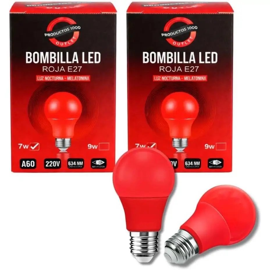 Pack 2 Bombillas LED Rojas 7W Anti Flicker para Dormir | Luz Nocturna Melatonina | Rosca E27 (7, Vatios) OUTLET PRODUCTOS 1000